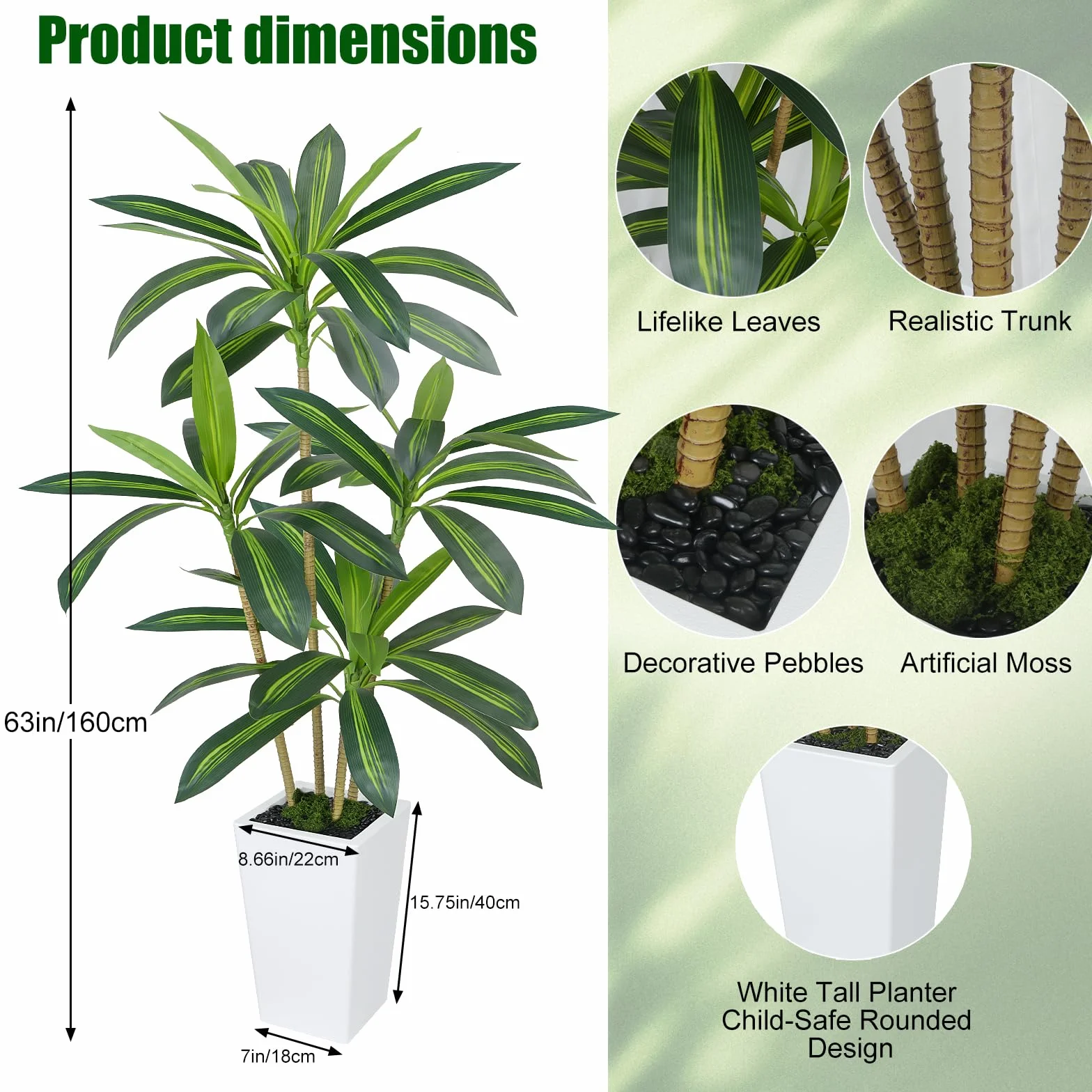 Dracaena Artificiel 160 cm Arbre Artificiel Interieur avec Pot Blanc Plante Artificielle Grande Tropical