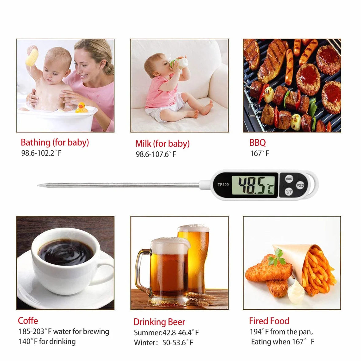 Thermomètre Cuisine Sonde 5Secondes LCD Ecran pour Patisserie BBQ Lait Viande Culinaire Version Normale