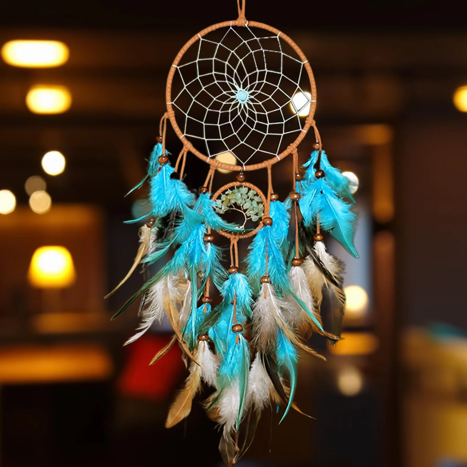 Attrape Rêve 60 cm Bleu Vintage Plumes Fait Main Bohème Grand Capteur de Rêves Décoration Murale