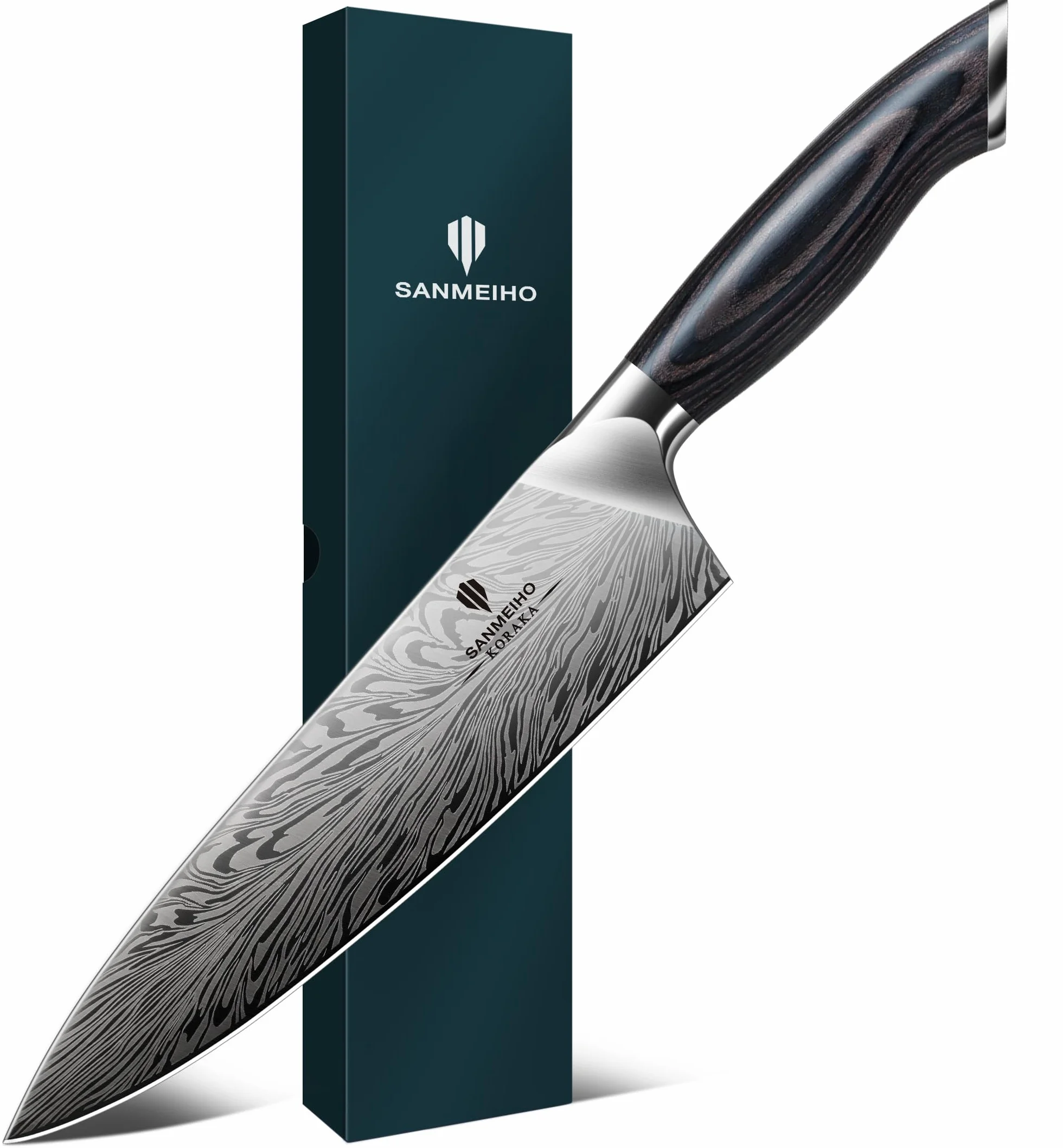 SANMEIHO Couteau de Chef Acier Poudré 20cm Japonais Lame Acier Haute Teneur en Carbone Manche Bois Pakka KORAKA