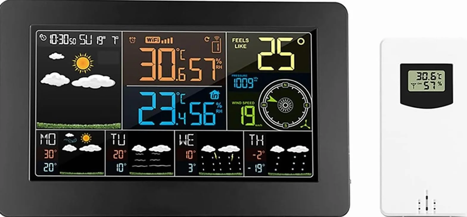 Station Météo WiFi sans Fil, Thermomètre Intérieur Extérieur Numérique avec Affichage Couleur, Horloge et Rétroéclairage Réglable