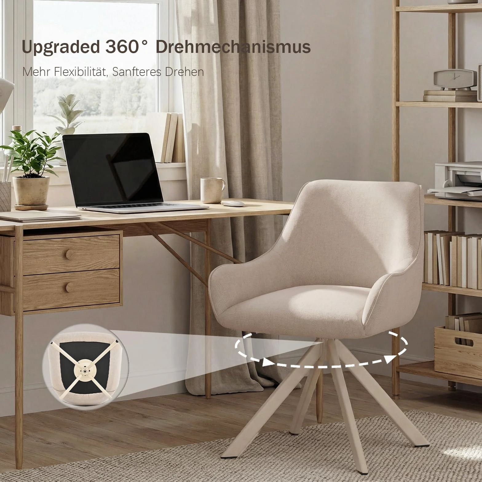 Lot de 6 chaises de salle à manger pivotantes 360° en lin beige avec accoudoirs et structure métal