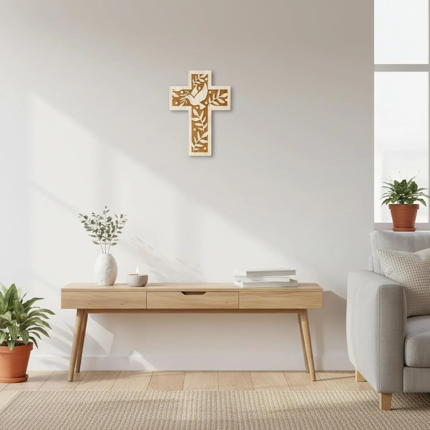 Croix murale en bois d'épicéa 18 cm avec colombe et rameaux d'olivier Kaltner