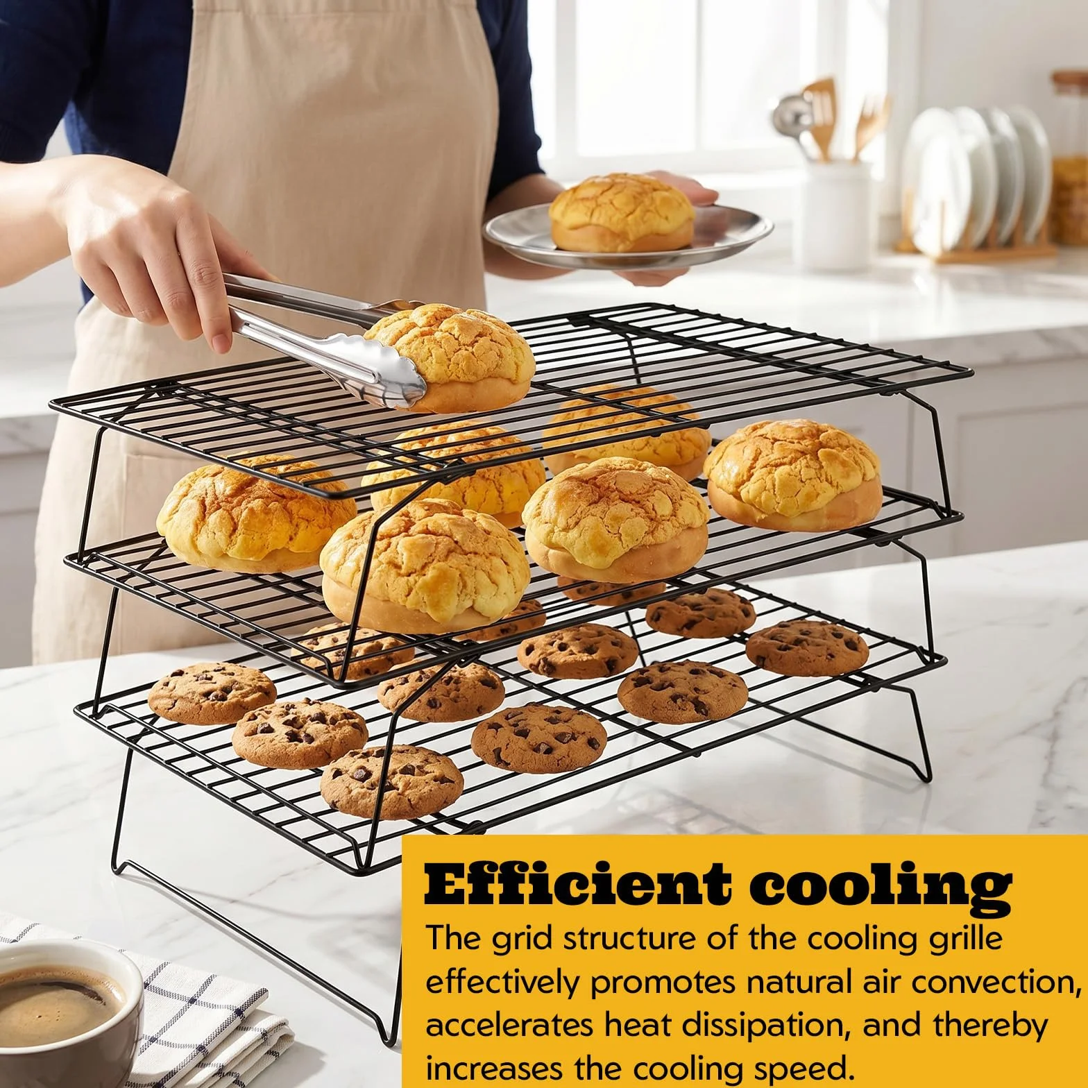 Grille de Refroidissement Pâtisserie 40×25×7,5 cm Acier au Carbone Antiadhésive Pliable Empilable