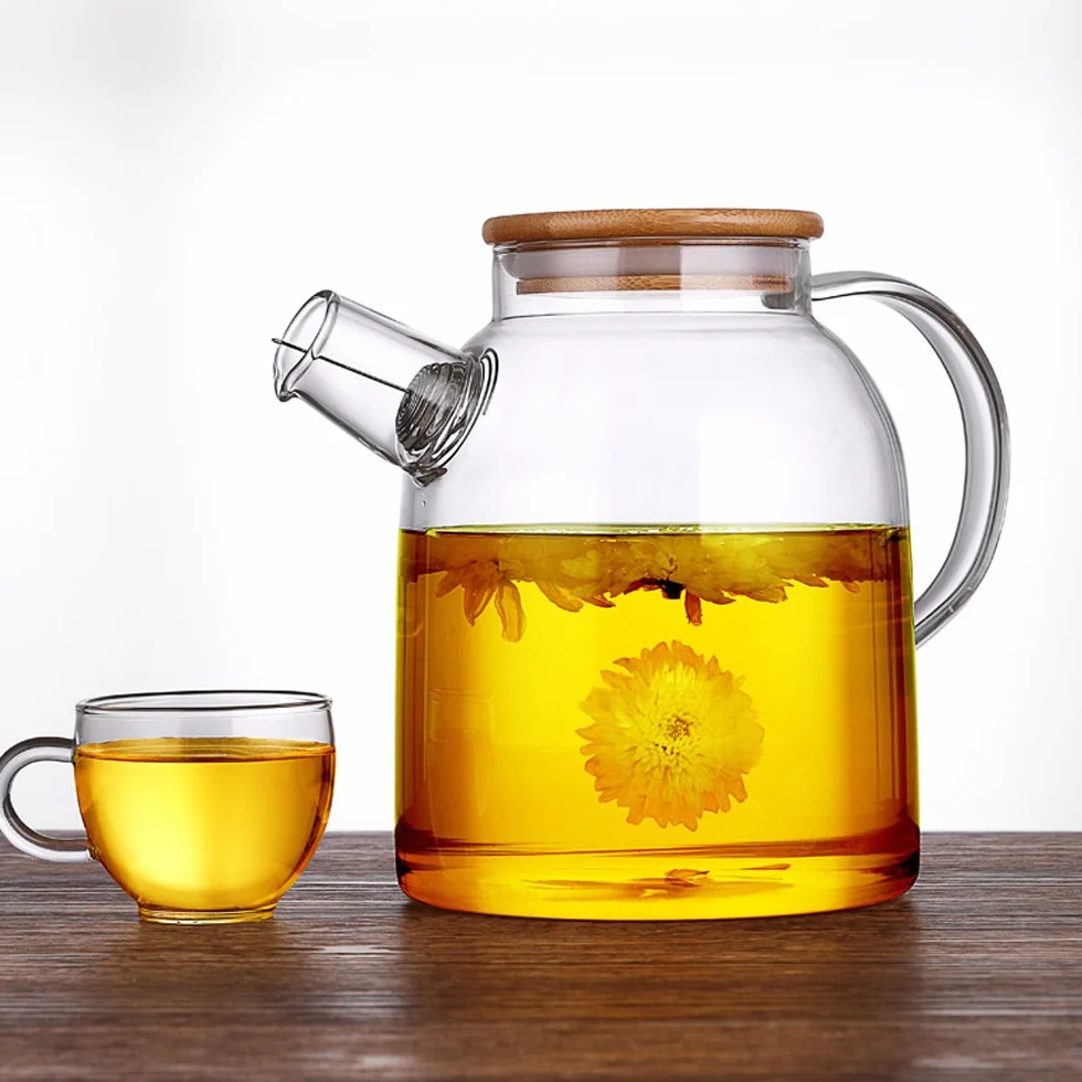 Théière en Verre Transparente 1500ML avec Filtre en Bambou et Acier Inoxydable