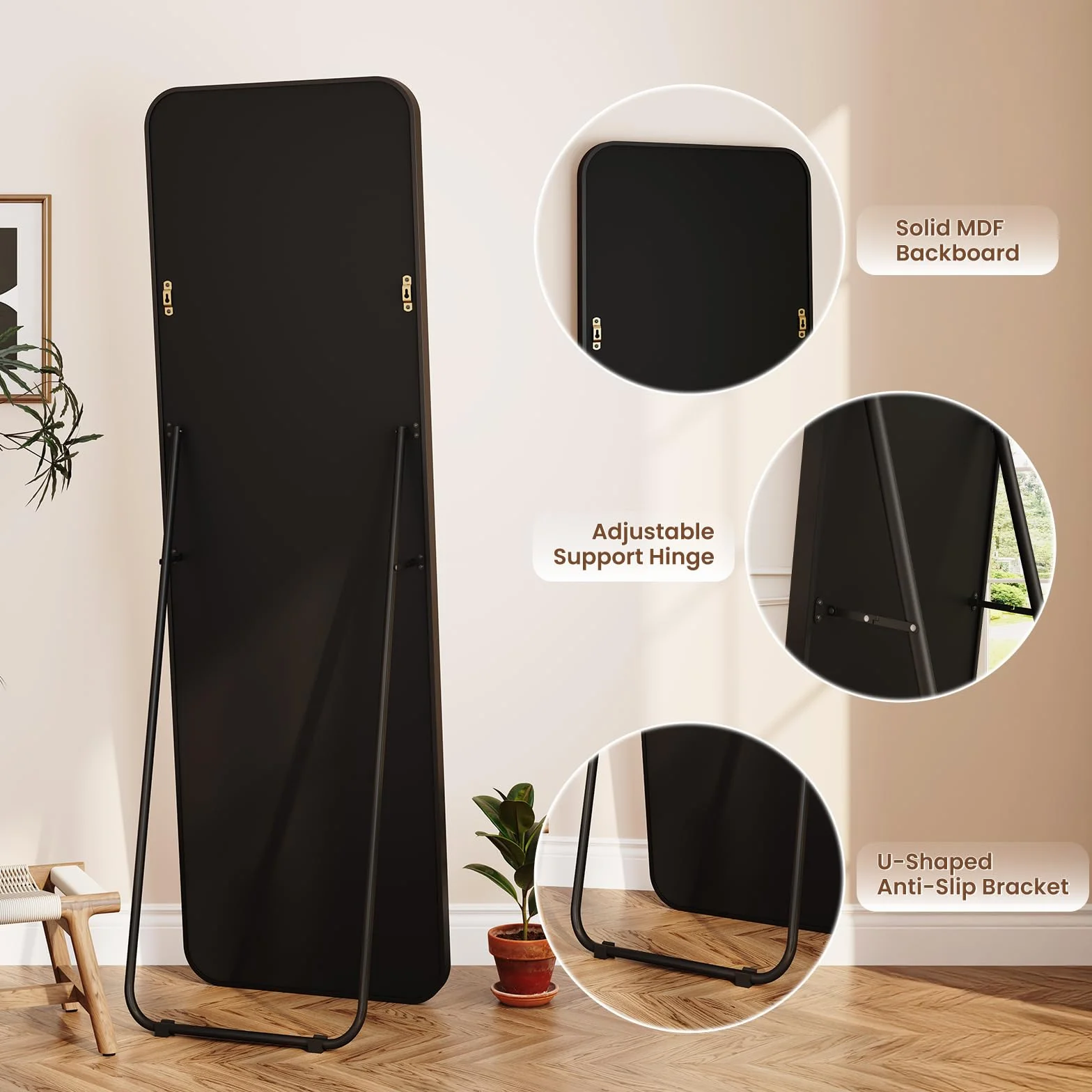 Dripex Grand Miroir 150x40cm Coins Arrondis Miroir Pied Suspendu Cadre Alliage Aluminium Noir