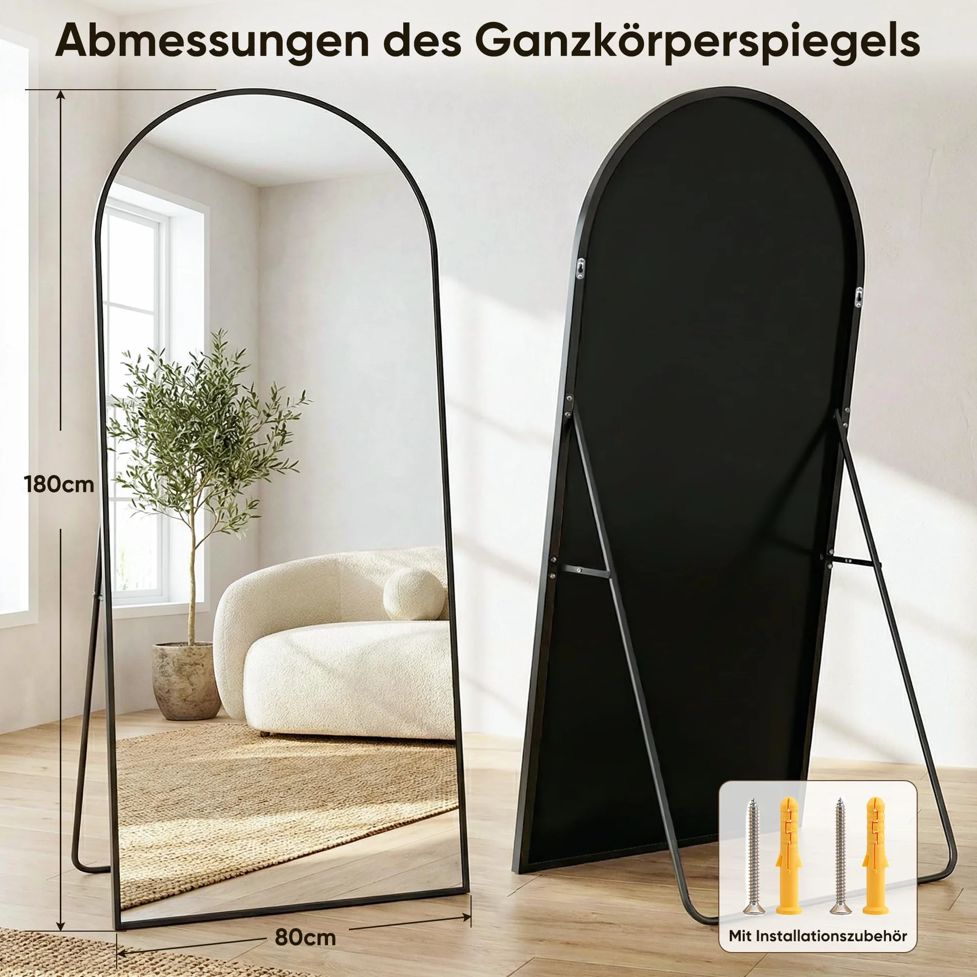 Miroir complet 180 x 82 cm, miroir sur pied bombé, cadre en alliage d'aluminium, noir