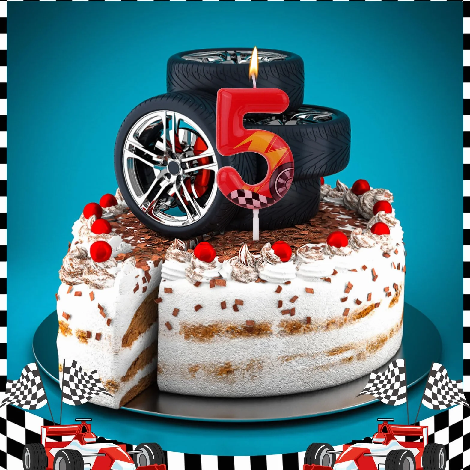 Bougie d'Anniversaire Thème Voitures Course Numéro 5 Rouge Forme Voiture pour Gâteau