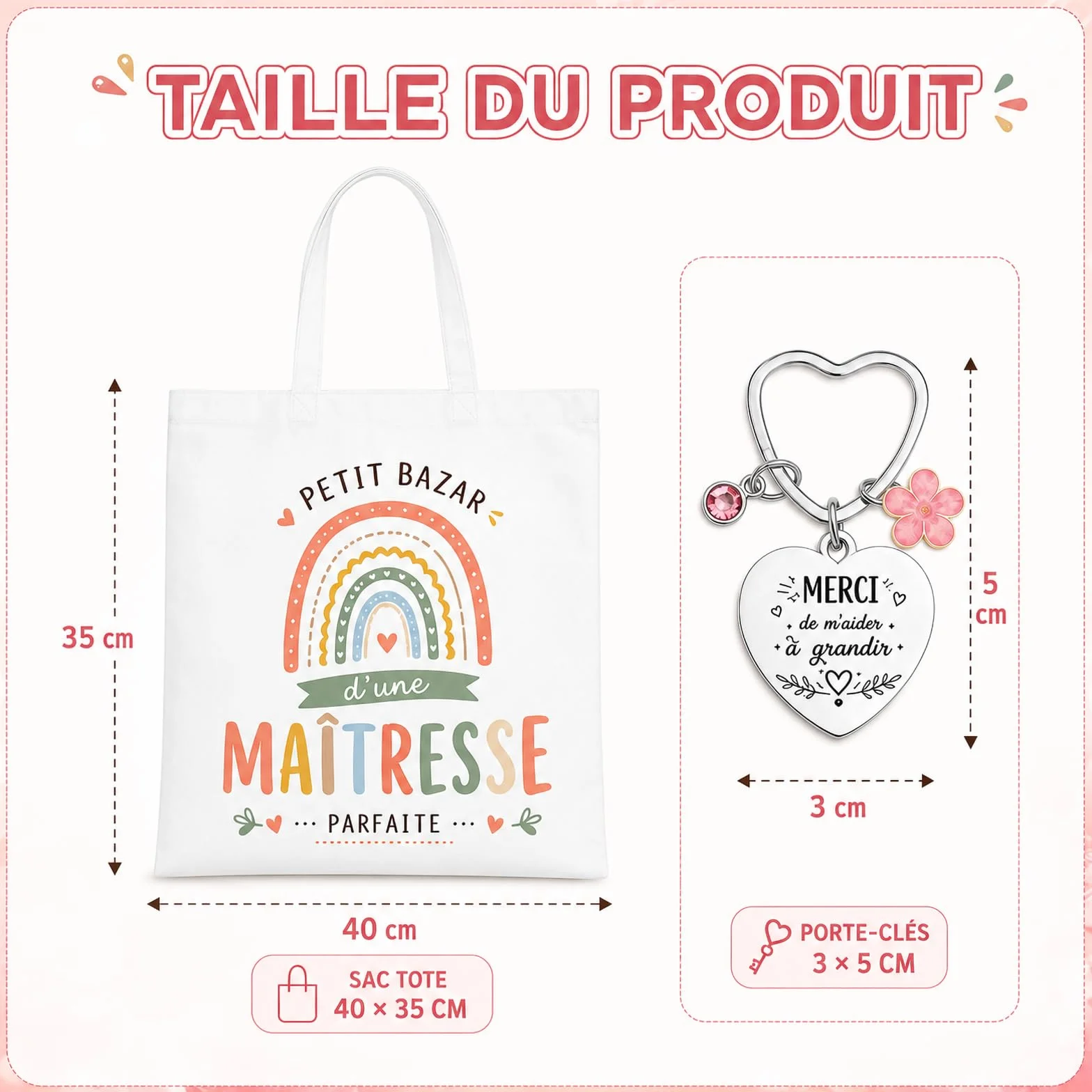 Sac En Toile & Porte-Clés Cœur En Acier Inoxydable Cadeau Maitresse D'École Original