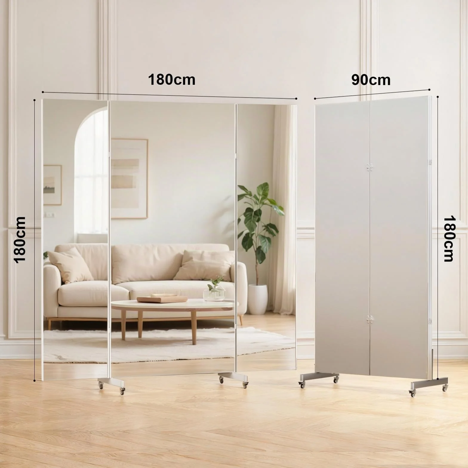 brisafe Grand Miroir Pleine Longueur 180 x 180 cm sur Pied 3 Côtés Pliable avec Roulettes Rotatif 360° Nano Incassable Blanc