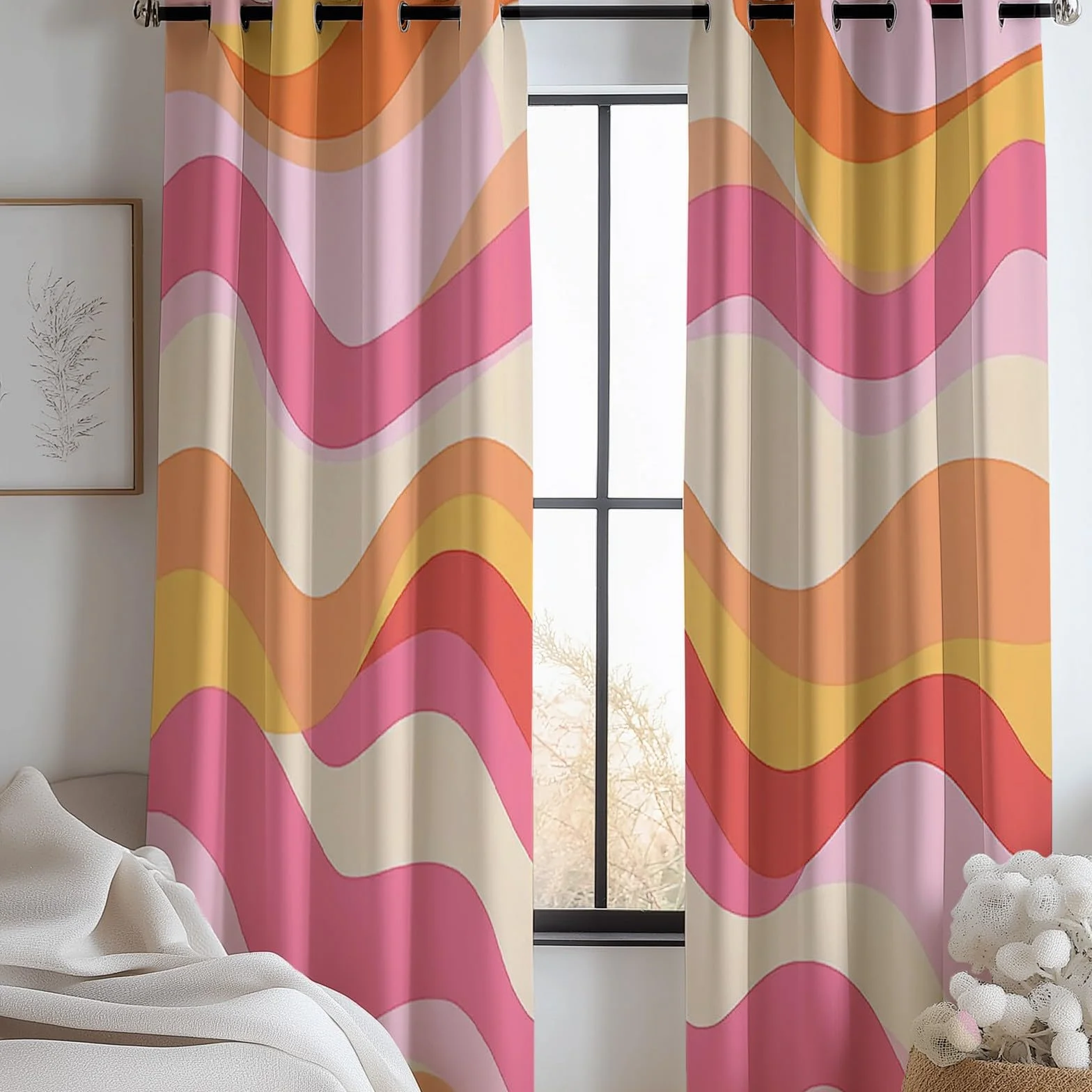 Rideaux Isolants 110x215 cm 2 Panneaux Anti-Chaleur Opaque Design Tribal Rétro Abstrait Rose Orange