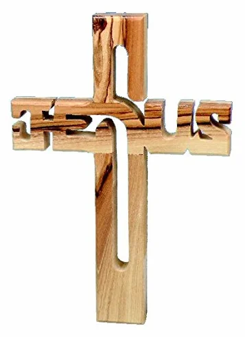 MaMeMi Croix Jésus en Olivier Fait Main Bethléem Croix Chrétienne Bois Inscription JESUS Décoration Religieuse Cadeau Communion