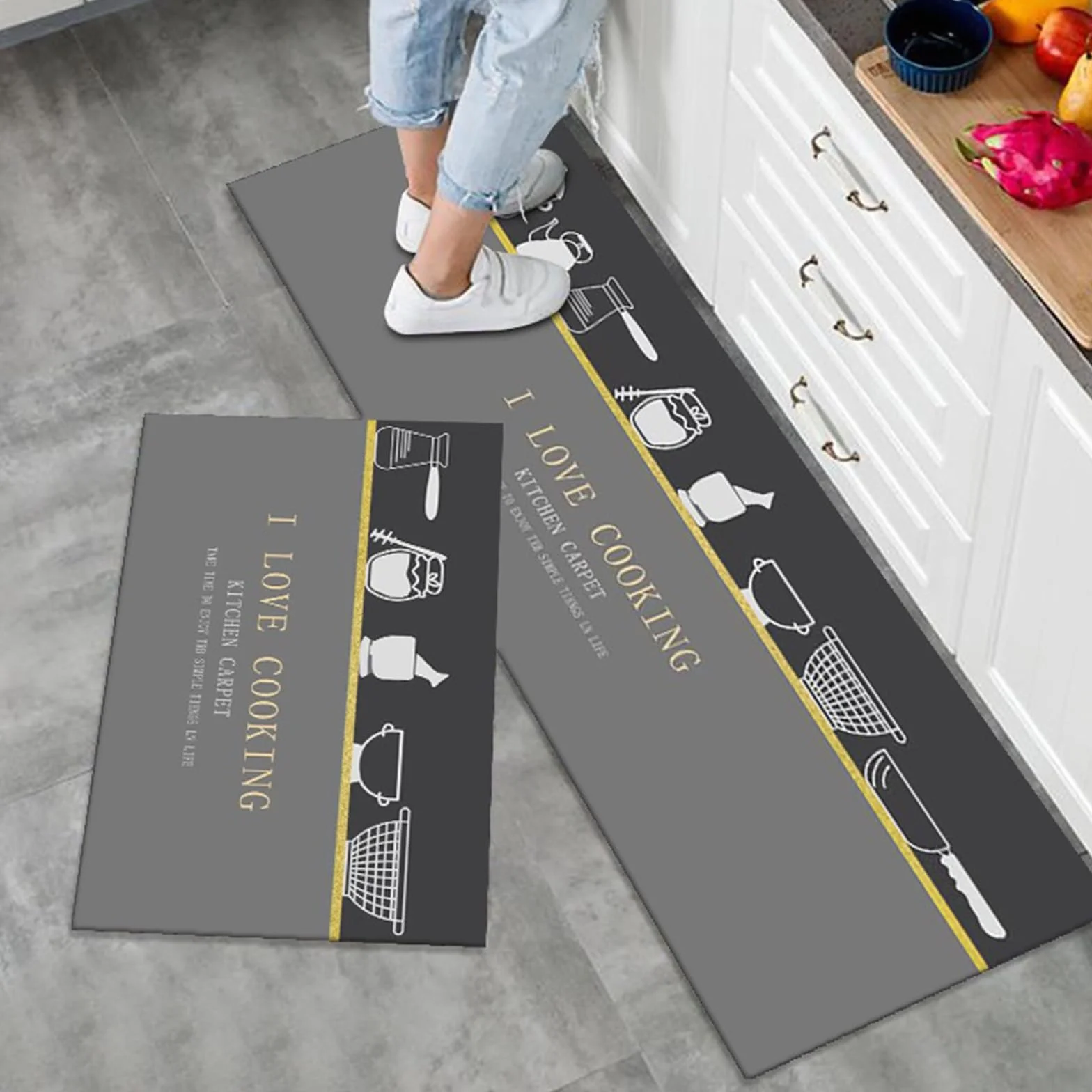 Ensemble de Tapis de Cuisine Antidérapant Lavable 2 pièces 50x80 + 50x150 cm