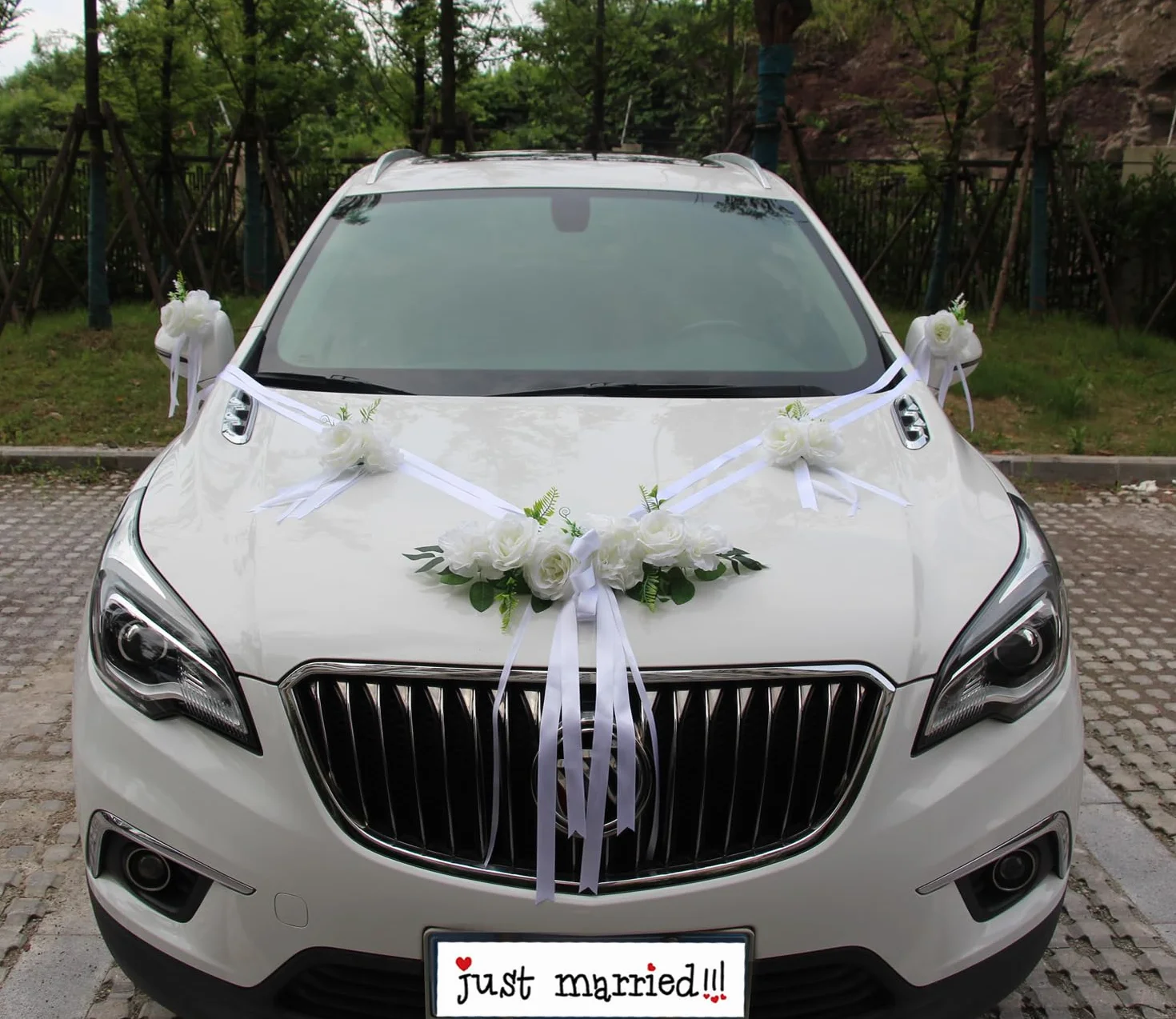 Chexin Ensemble de décoration de voiture de mariage Premium, roses blanches, capot mariée et marié