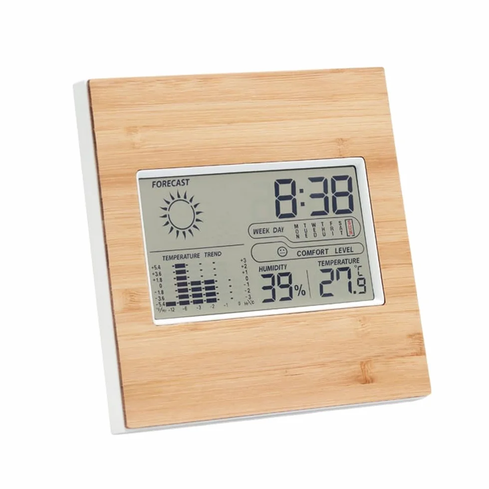Thermomètre d'intérieur en bambou véritable, horloge numérique, hygromètre, station météo LCD avec calendrier et icône de confort