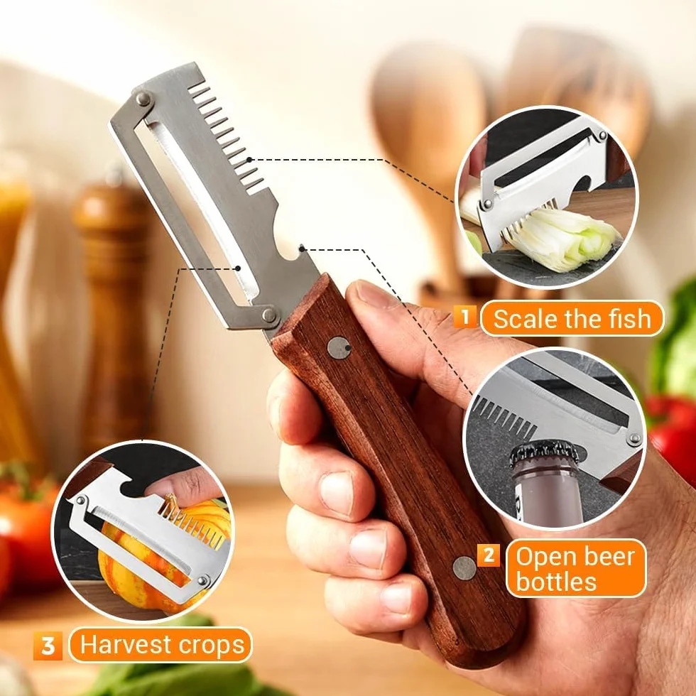 Éplucheur 3-en-1 Acier Inoxydable Manche en Bois – Coupe-Légumes Julienne et Décapsuleur, Économe Ergonomique (2 PCS)