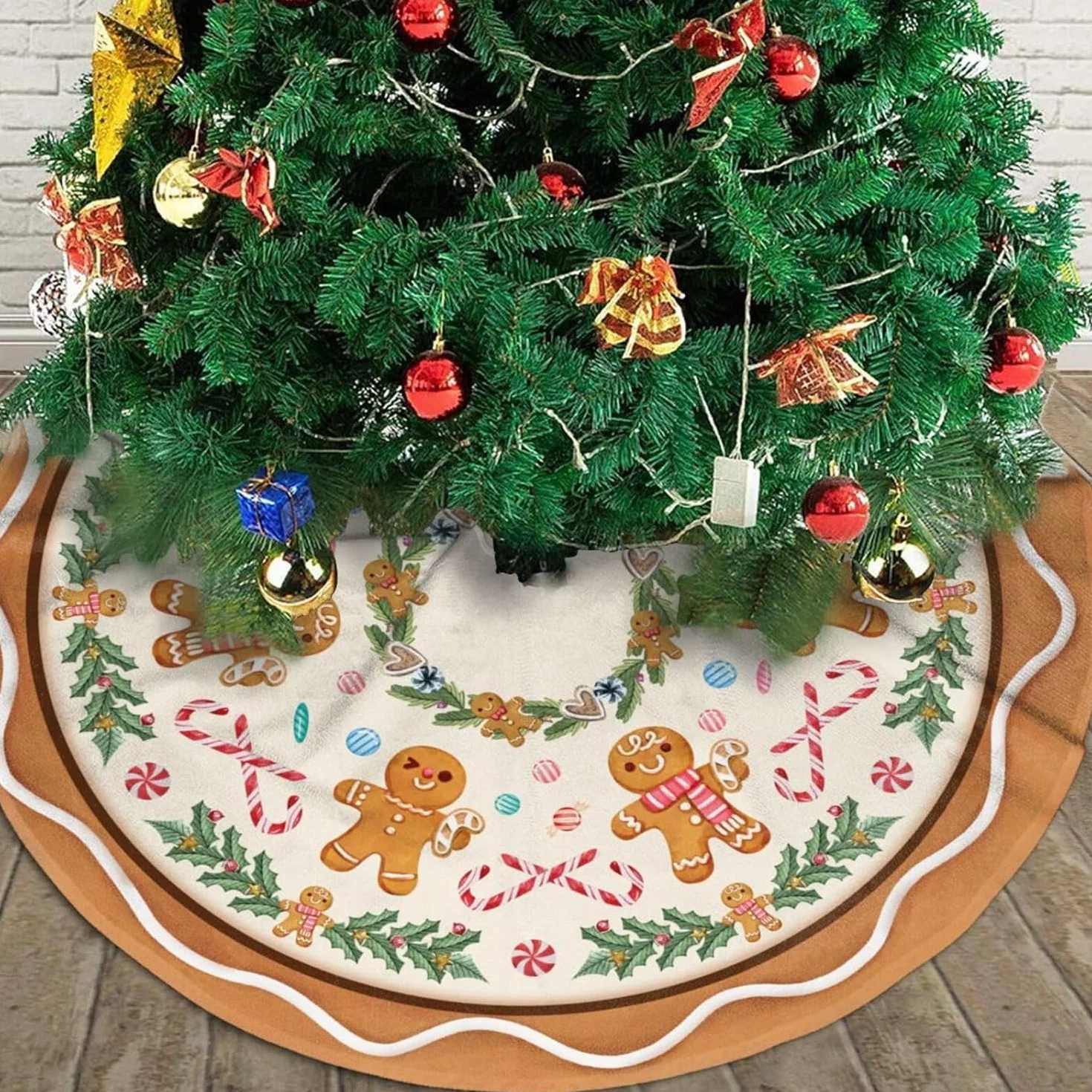 Jupe de Sapin de Noël 120 cm Bonhomme en Pain d'épice Corde Rouge