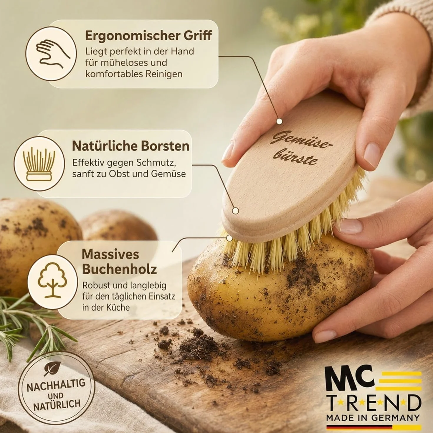 Brosse à légumes en bois de hêtre avec poils naturels durable pour laver légumes et fruits