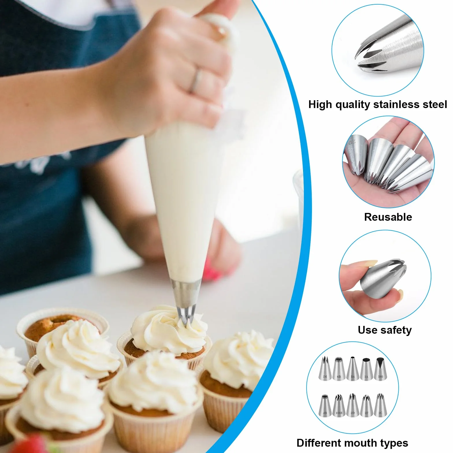 Douille Patisserie Professionnelle Compatible Poche à Douille, 10 PCS Grosse Douille Cannelée Décorer Gâteaux Cupcakes