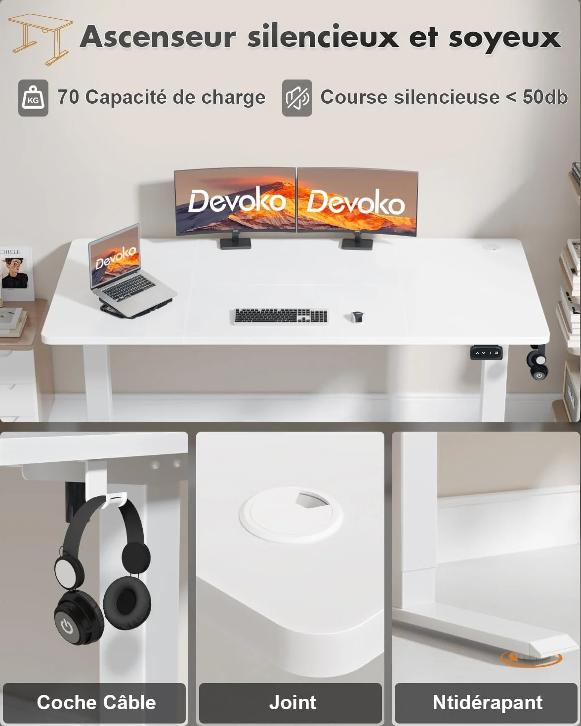 Bureau Assis Debout Électrique 120x60 cm - Réglable en Hauteur Motorisé avec 2 Mémoires - Blanc