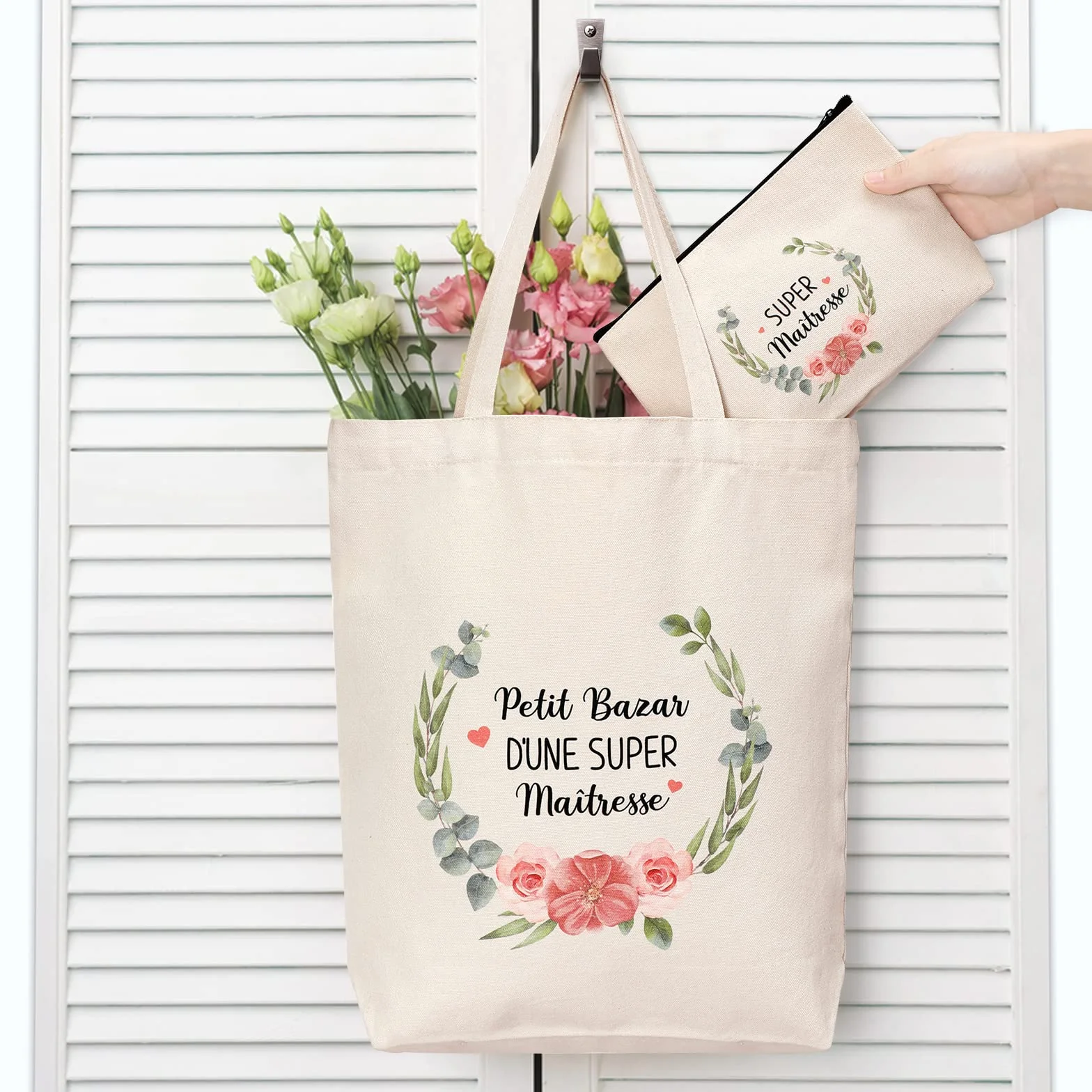 Lot de 2 Tote Bags Coton Femme avec Petite Pochette Sac Tissu