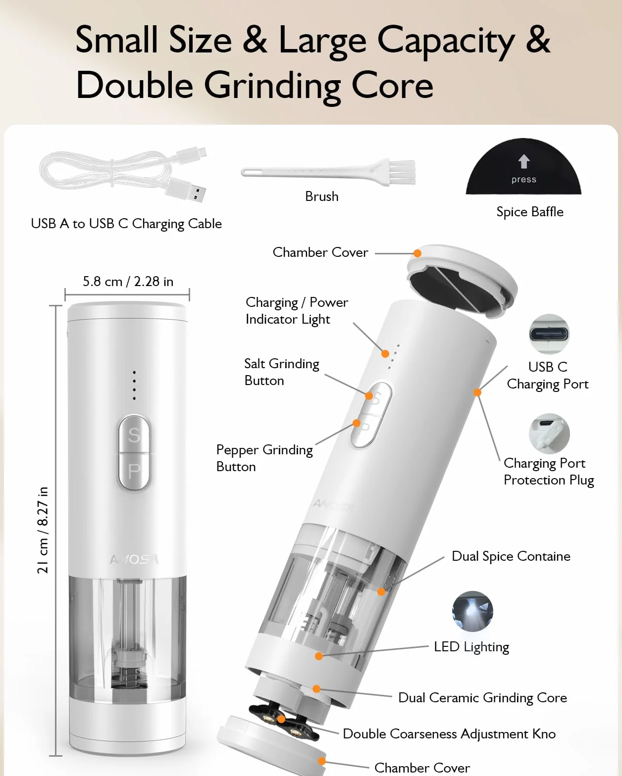 AMOSA Moulin à Poivre Électrique 2 en 1 Double Réservoir, Double Meule en Céramique USB Rechargeable avec Lumière LED Blanc