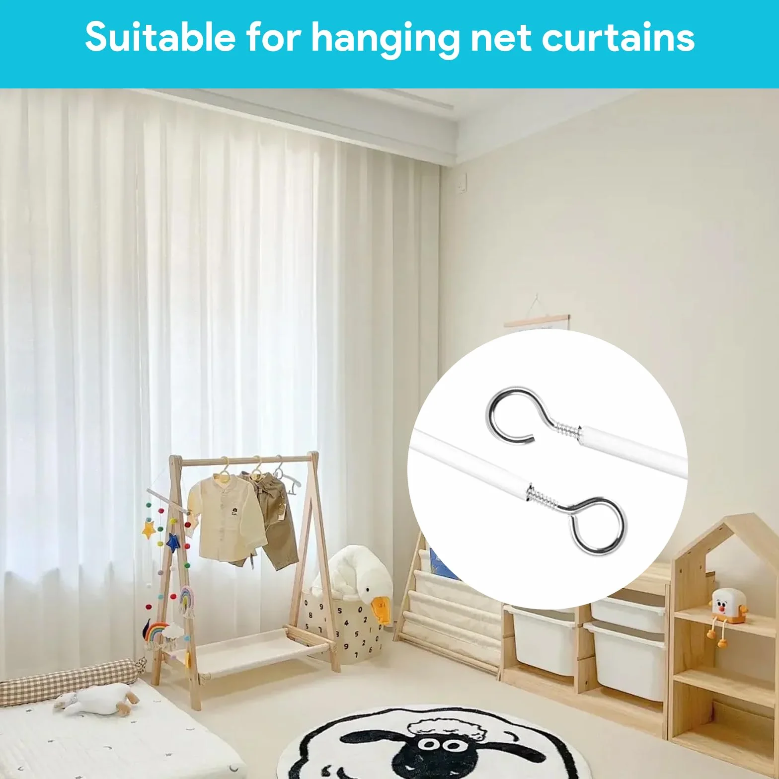 Fil de Rideau Blanc 15M avec 30 Paires Crochets et Yeux Kit Corde Suspendue pour Rideaux