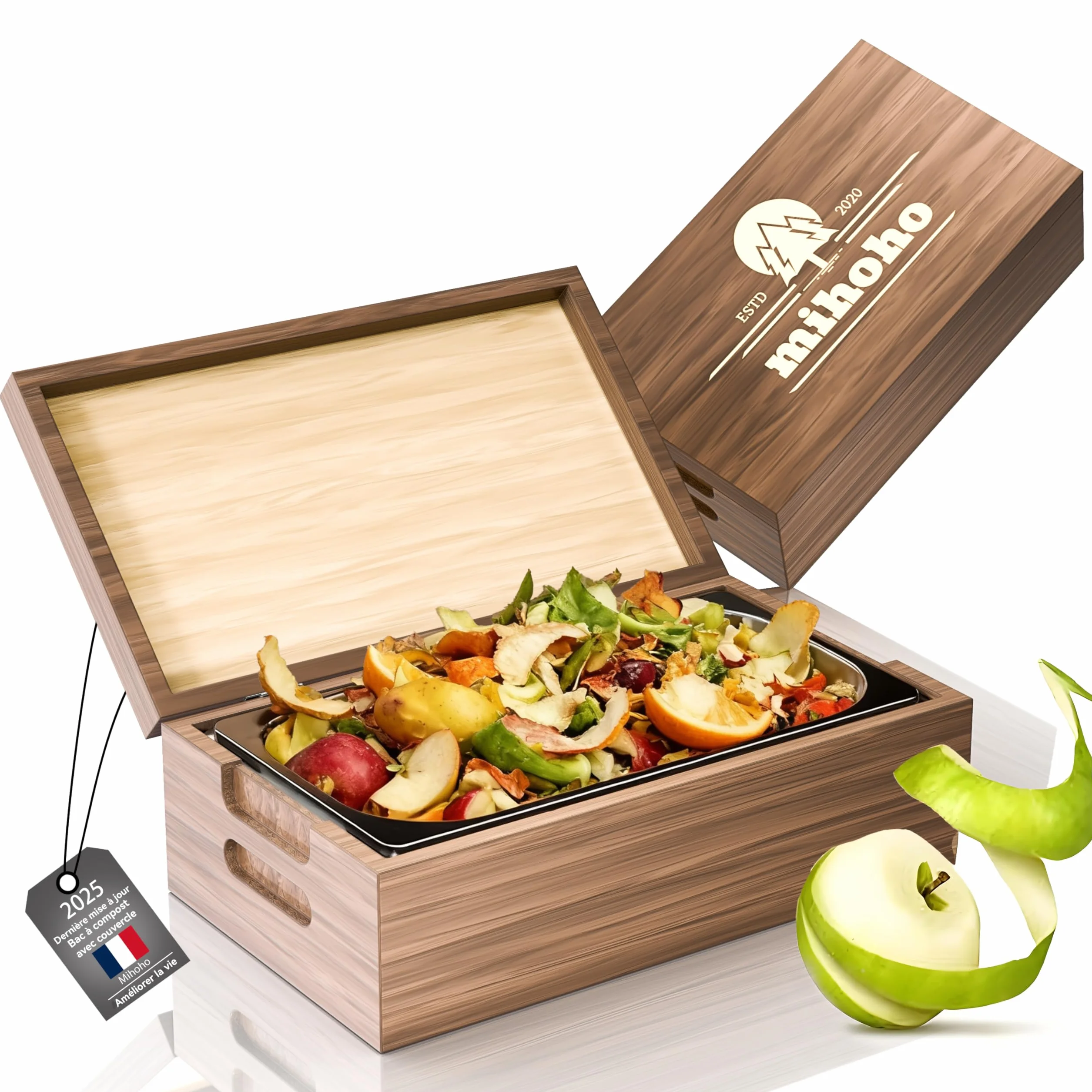 Poubelle de Cuisine 4L Bois véritable Acier Inoxydable Anti-odeurs pour déchets Alimentaires avec récipient intérieur Amovible Noyer