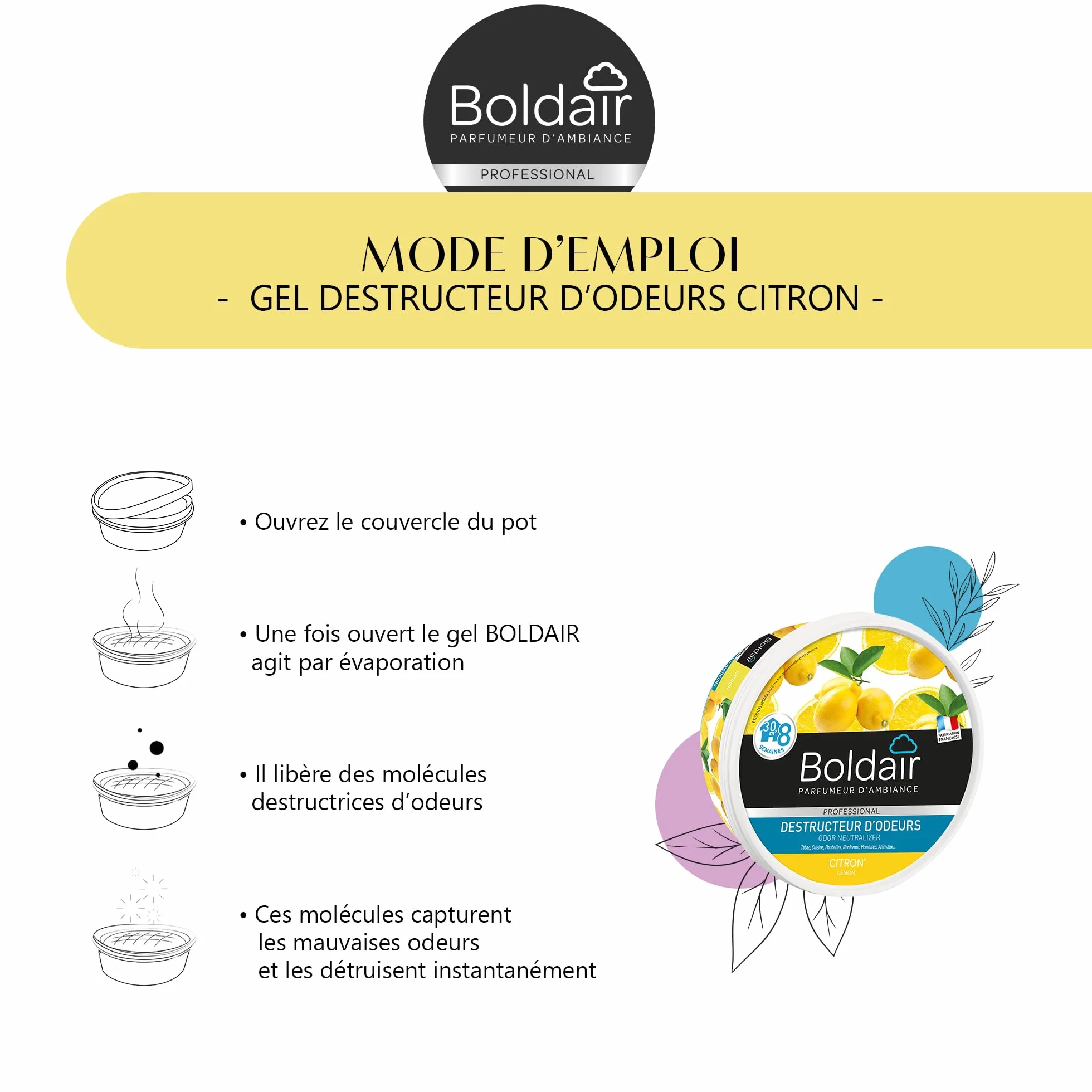 BOLDAIR Gel destructeur d'odeur Citron 300g Fabrication française