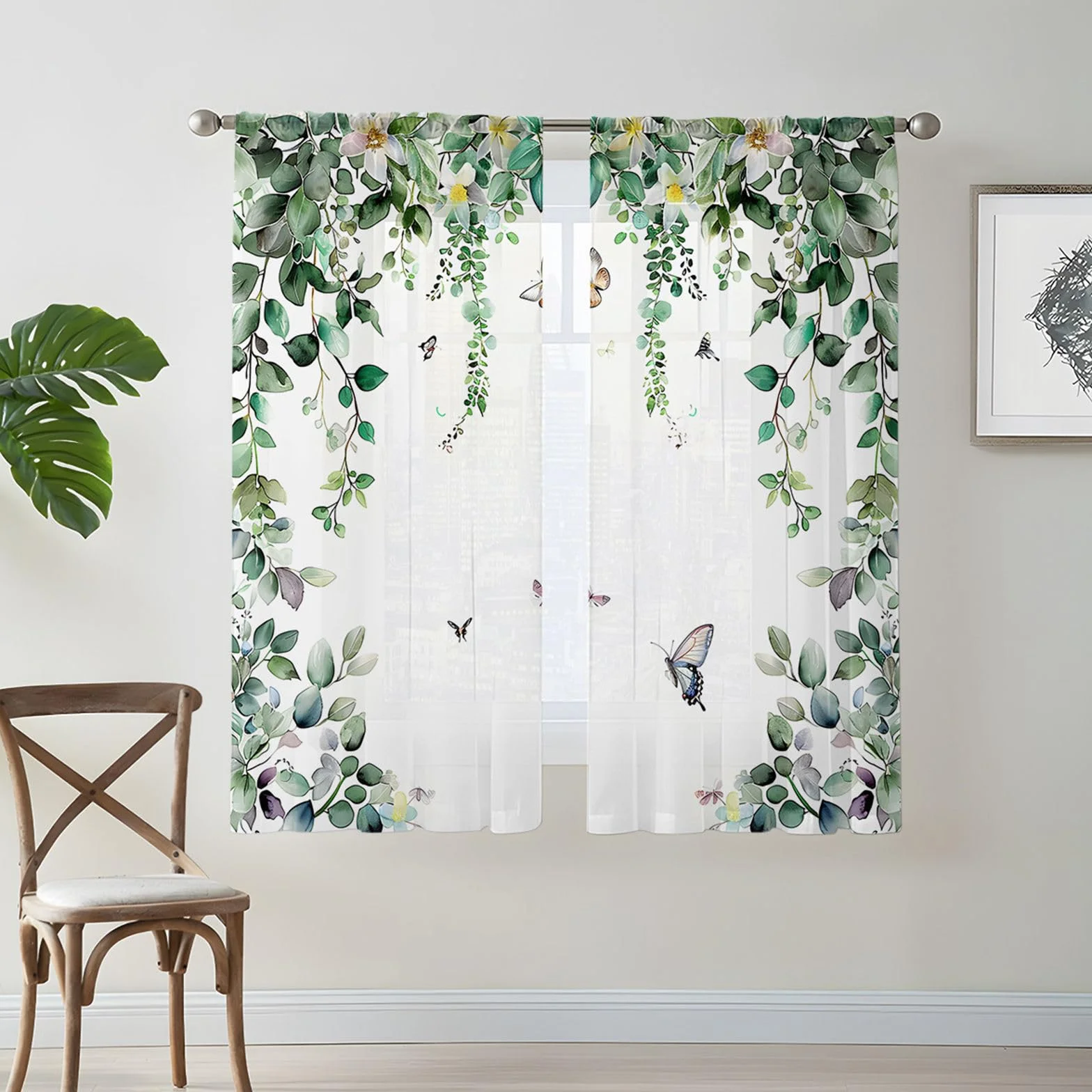 Odot Rideau Voilage Semi Occultant Passe Tringle Motif Feuille Verte 3D 2 Pieces Semi Transparent Fenetre Decoration Salon Chambre