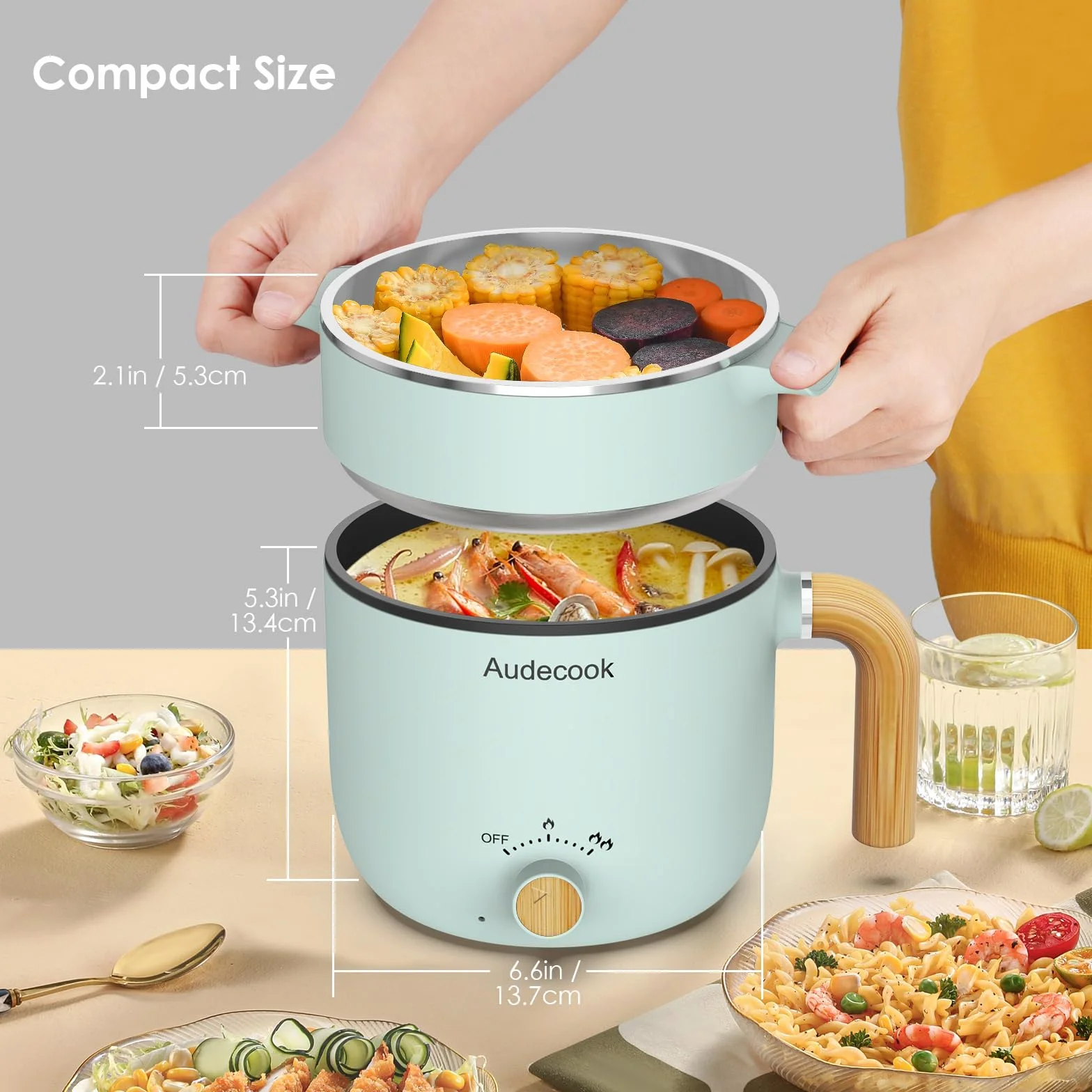 Audecook Hot Pot électrique 1.5L Portable Cuiseur à Vapeur Multifonction Vert