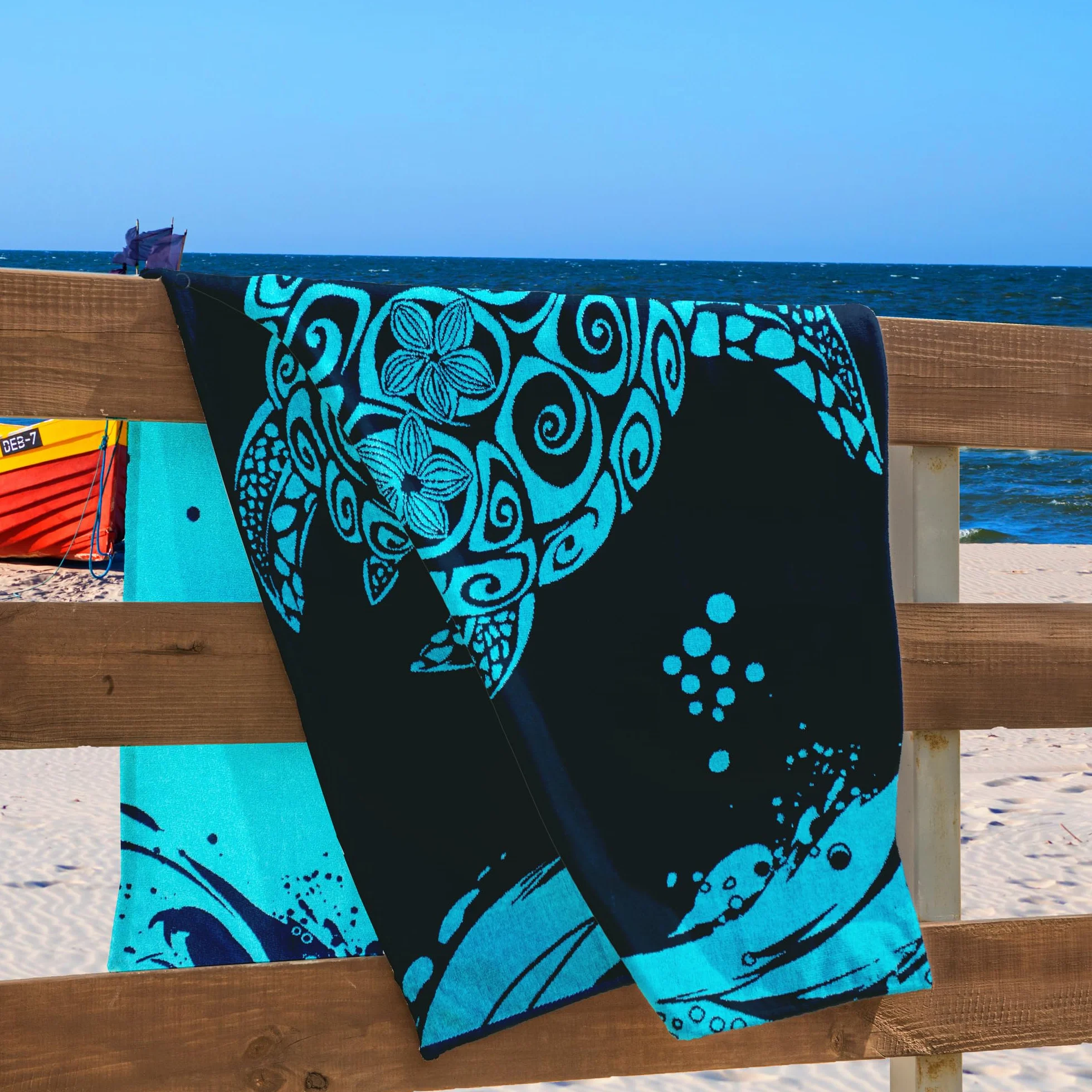 Grande Serviette de Plage 100% Coton Double Face 90 x 180 cm Absorbante Bleu Marine Blanc Turtle