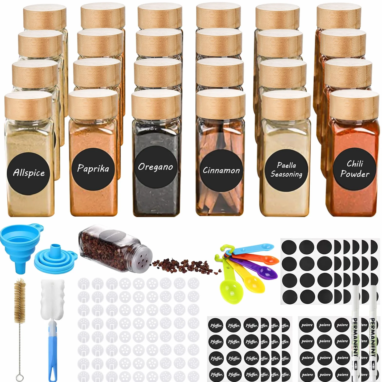 Lot de 24 Pots à Epices en Verre et Bois avec Tamis, Entonnoir, Brosse, Étiquette, Rangement Cuisine