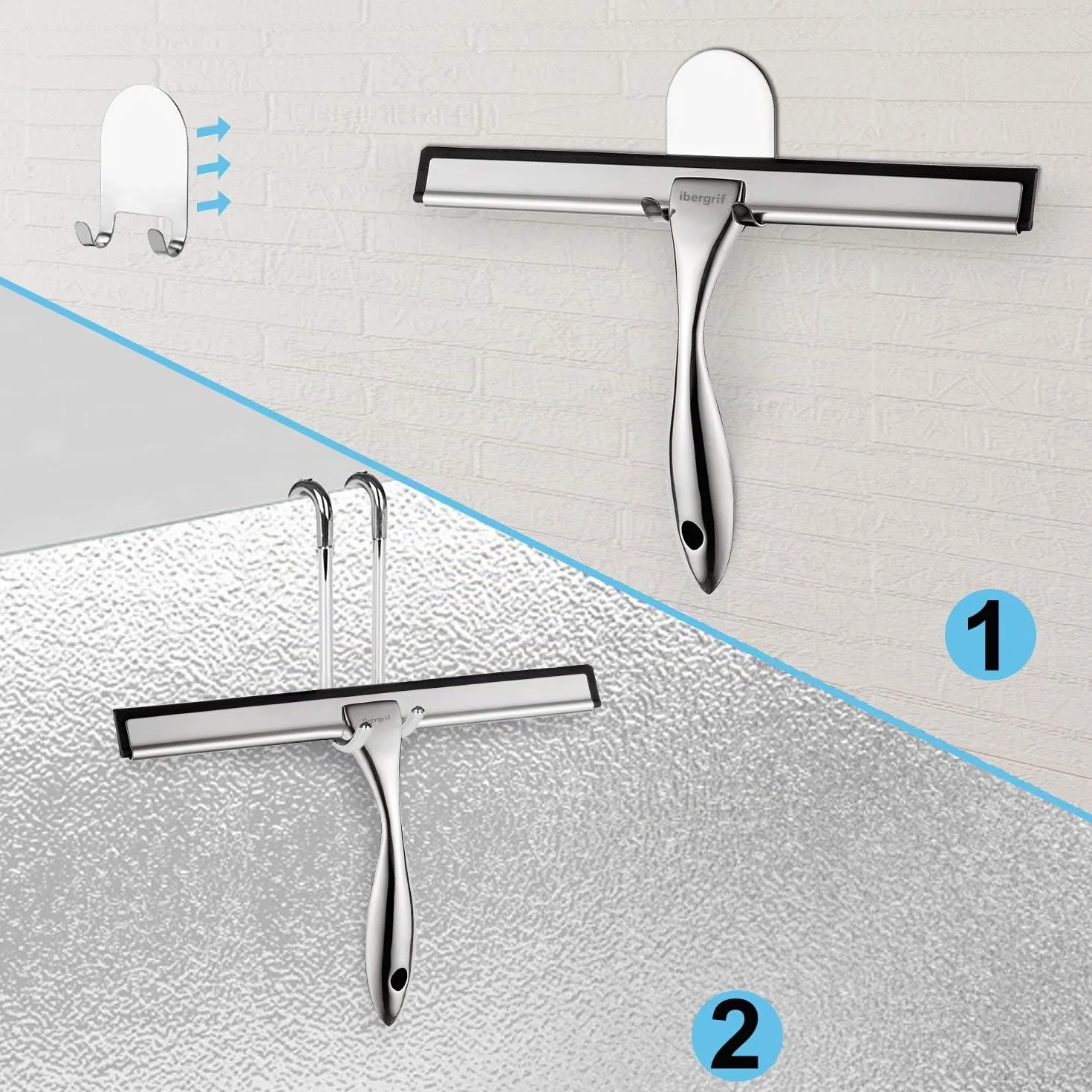 Ibergrif M34101 Raclette de Douche Acier Crochet Mural Essuie-Glace Salle de Bain Auto-Adhésif