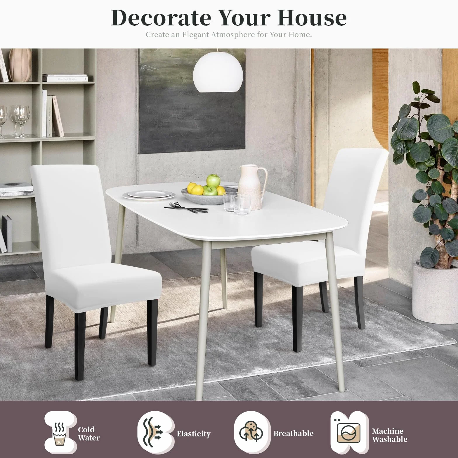 Housse de Chaise Universelle 4PCS Protection de Chaise Extensible Moderne Blanc pour Salle à Manger