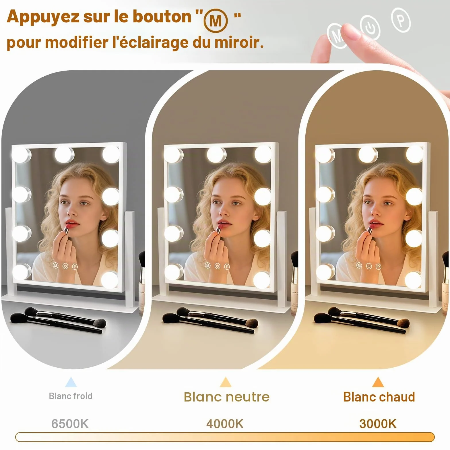 Miroir de Maquillage Hollywood avec éclairage LED 9 LED - Miroir vanité - Rotation 360° 3 Modes - Miroir de Coiffeuse Tactile