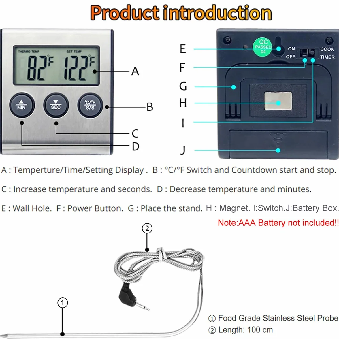 Grand thermomètre numérique LCD pour cuisson des aliments et de la viande avec sonde en acier inoxydable, fumoir, four, barbecue