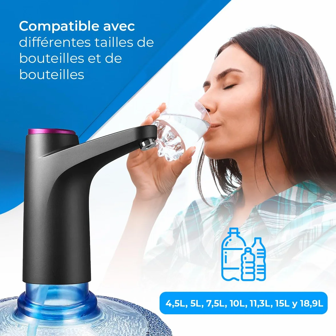 Distributeur d'eau en Bouteille Automatique USB sans BPA 1500mAh Silicone Noir 4,5-18,9L