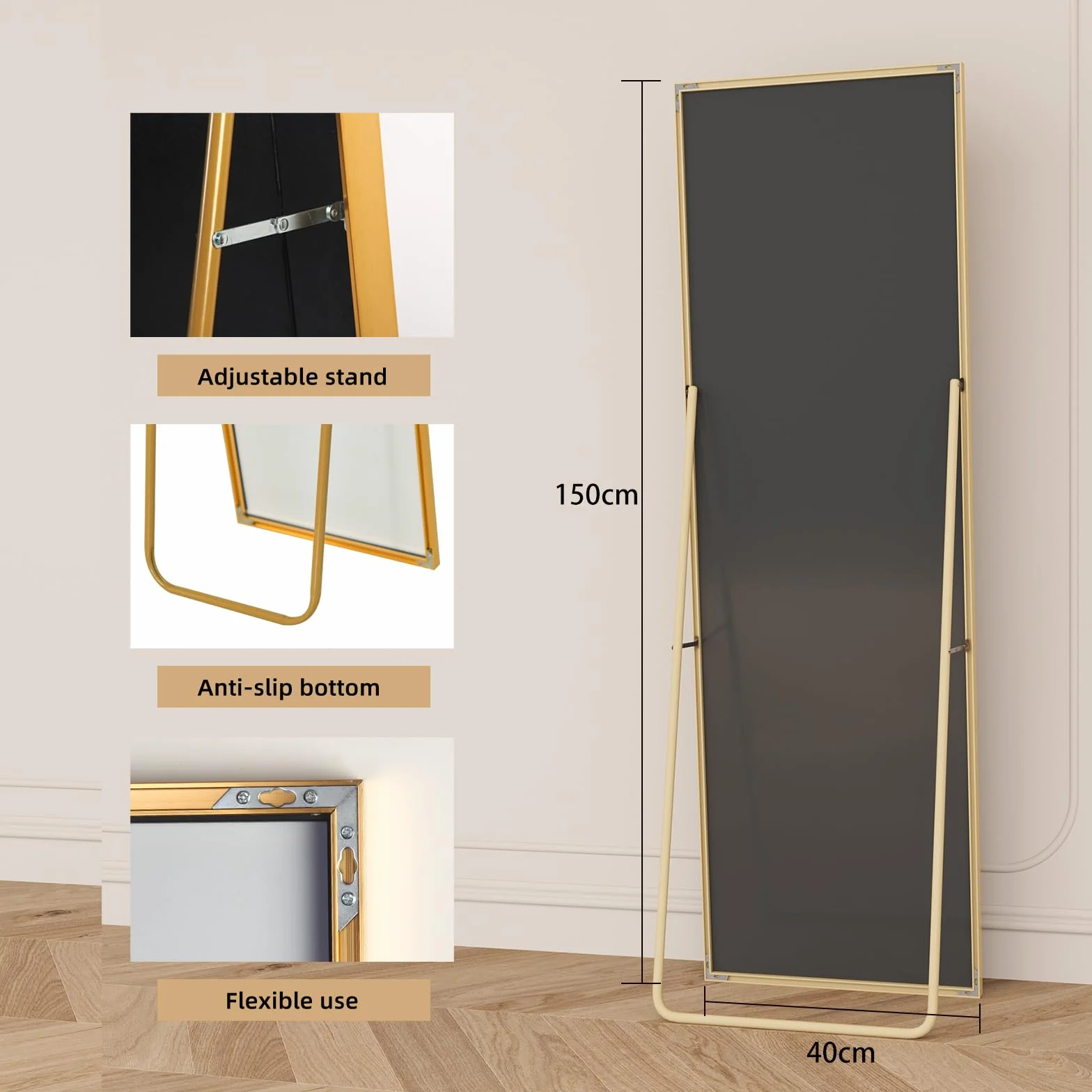 Miroir sur Pied 150x40 cm, Miroir de Sol Rectangulaire avec Cadre en Aluminium Noir, pour Salle de Bain
