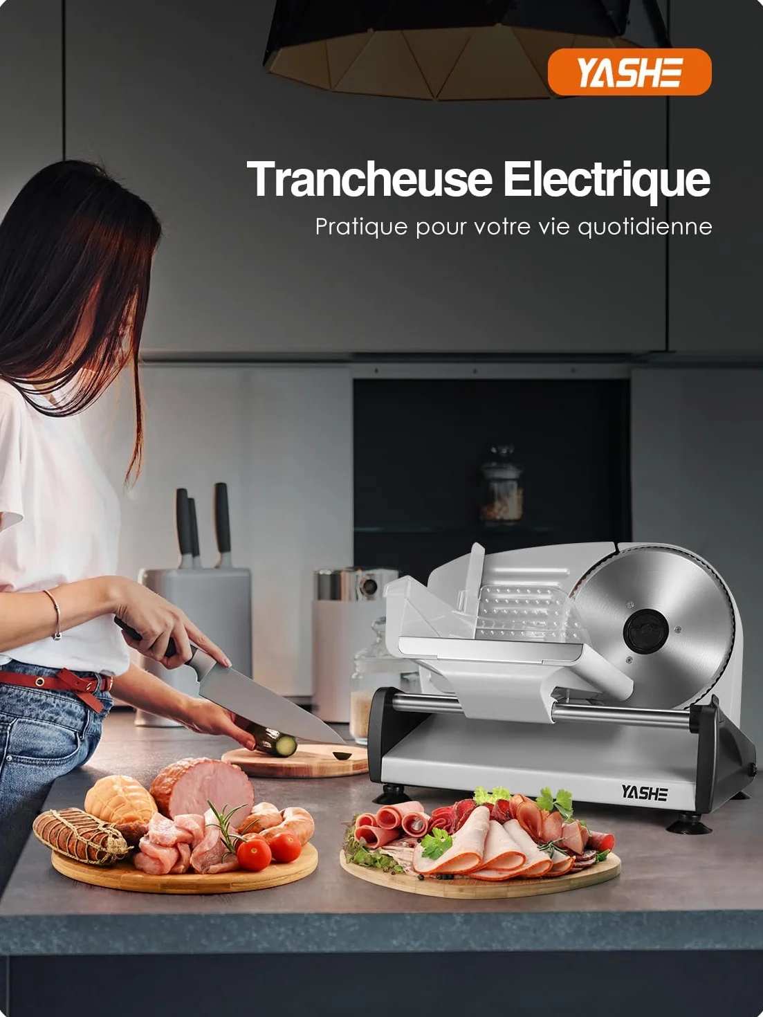 Trancheuse Électrique 250W Lames Lisse et Dentée 19 cm Épaisseur Réglable 0-15 mm Verrouillage Sécurité