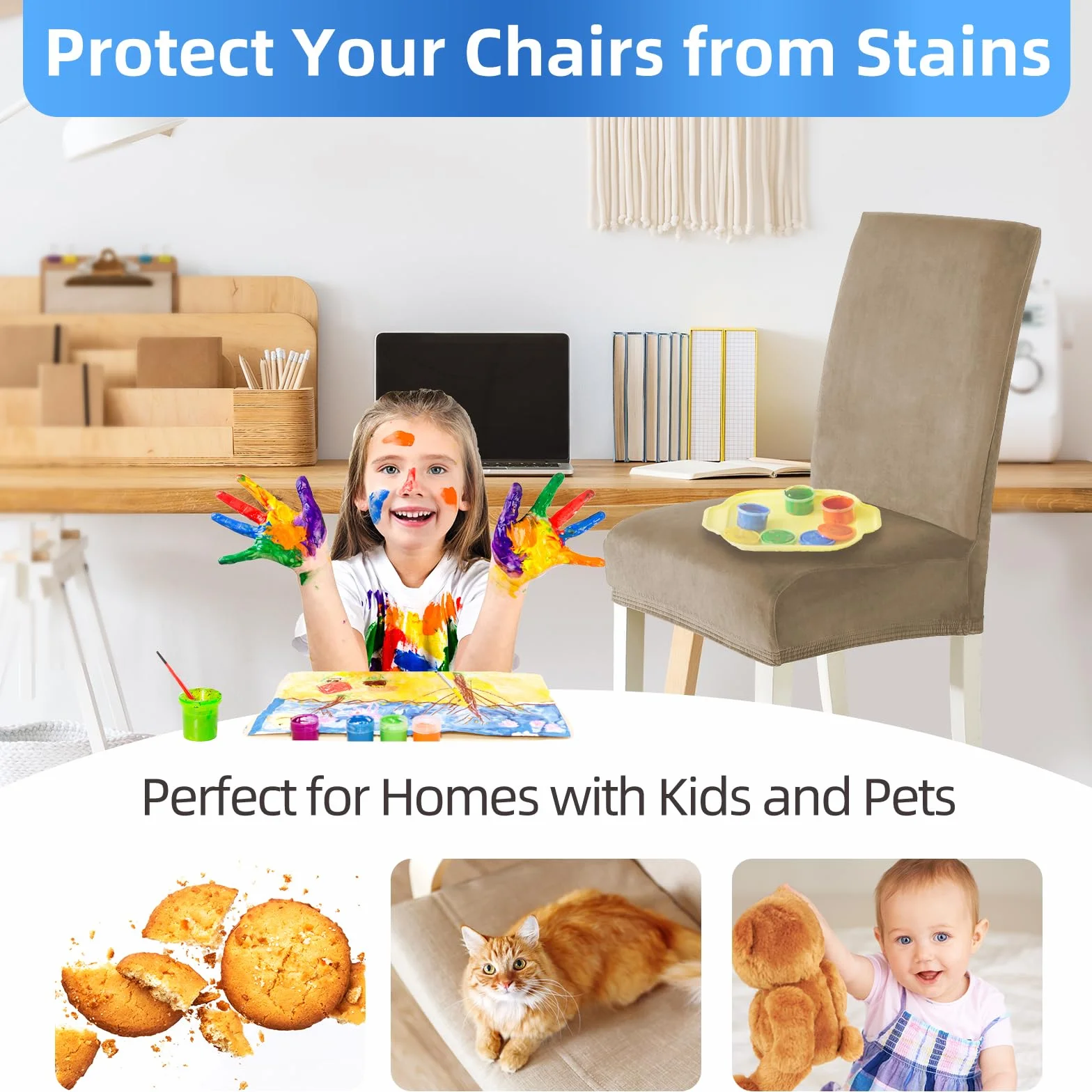 Housse De Chaise Velours 6 Pièces, Universel Extensible Protection Chaise Salle À Manger Epaisse pour Cuisine Restaurant Hotel Banquet, Camel