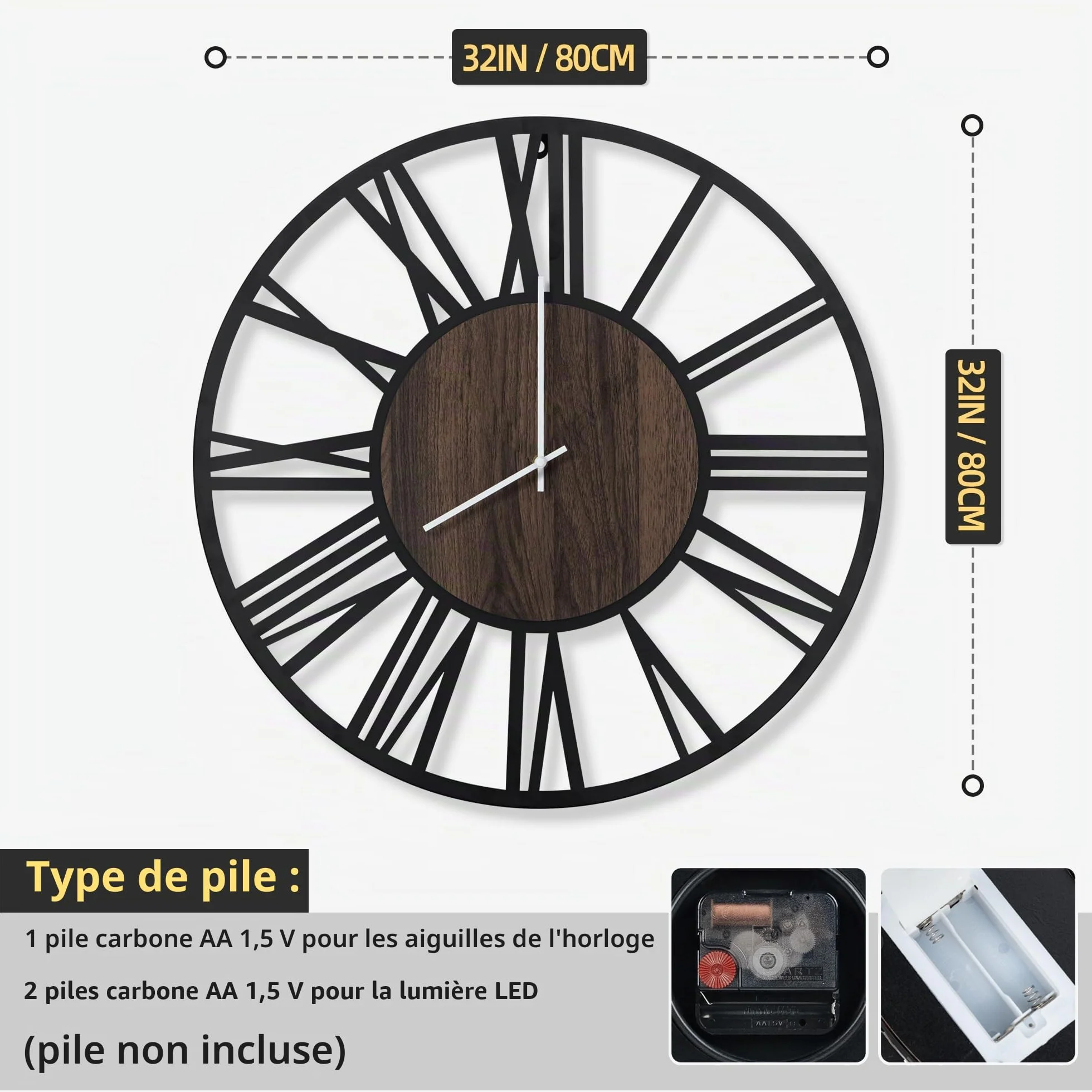 Maxstar Horloge Murale 80cm Silencieuse Style Bois Métal LED Moderne Chiffres Romains Noir