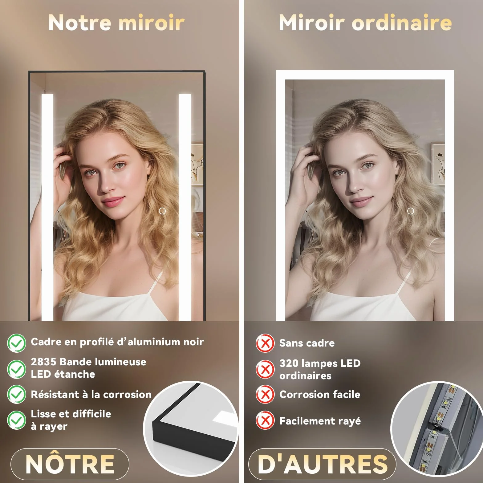 Grand Miroir sur Pied LED 150x50cm, Miroir Plein Pied Mural, 3 Couleurs Dimmable, Cadre Aluminium, Rectangulaire Noir