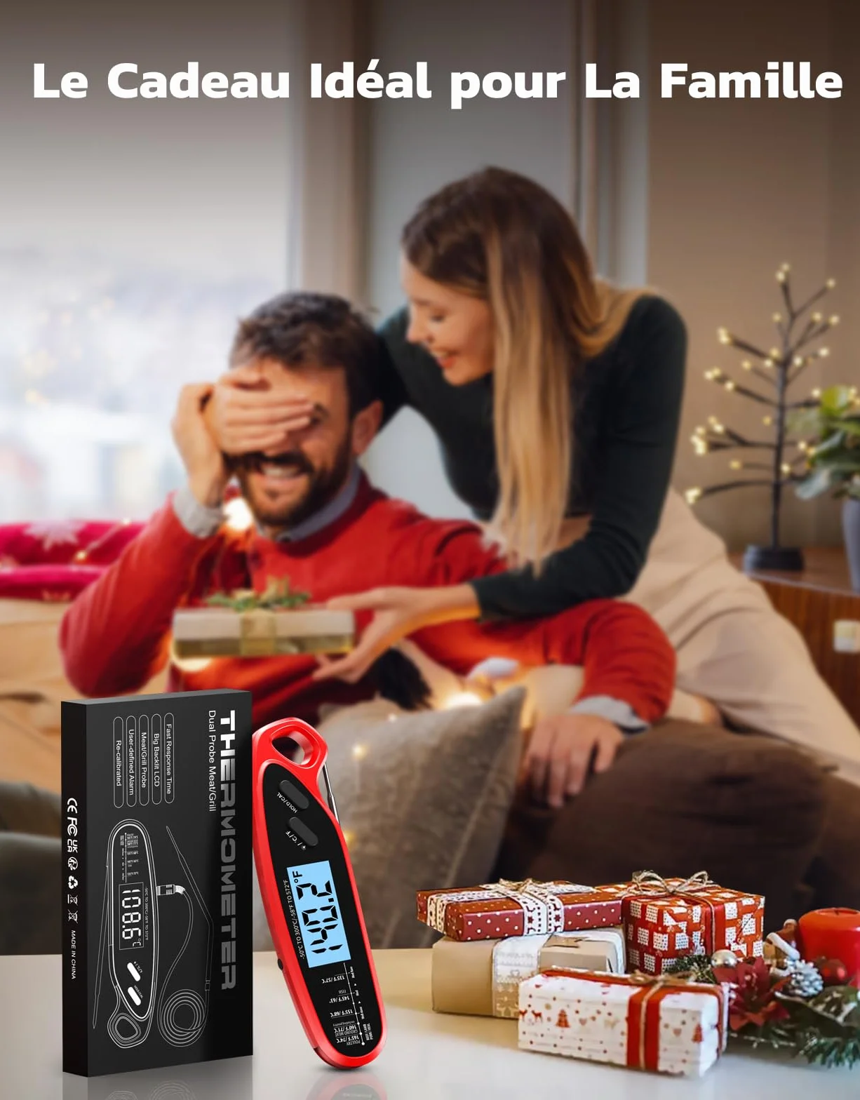 Thermomètre Cuisine Double Sondes Pliables 3s Lecture Instantané Digital Rétroéclairage LCD Calibration Cuisson Ustensile Four BBQ Fumoir