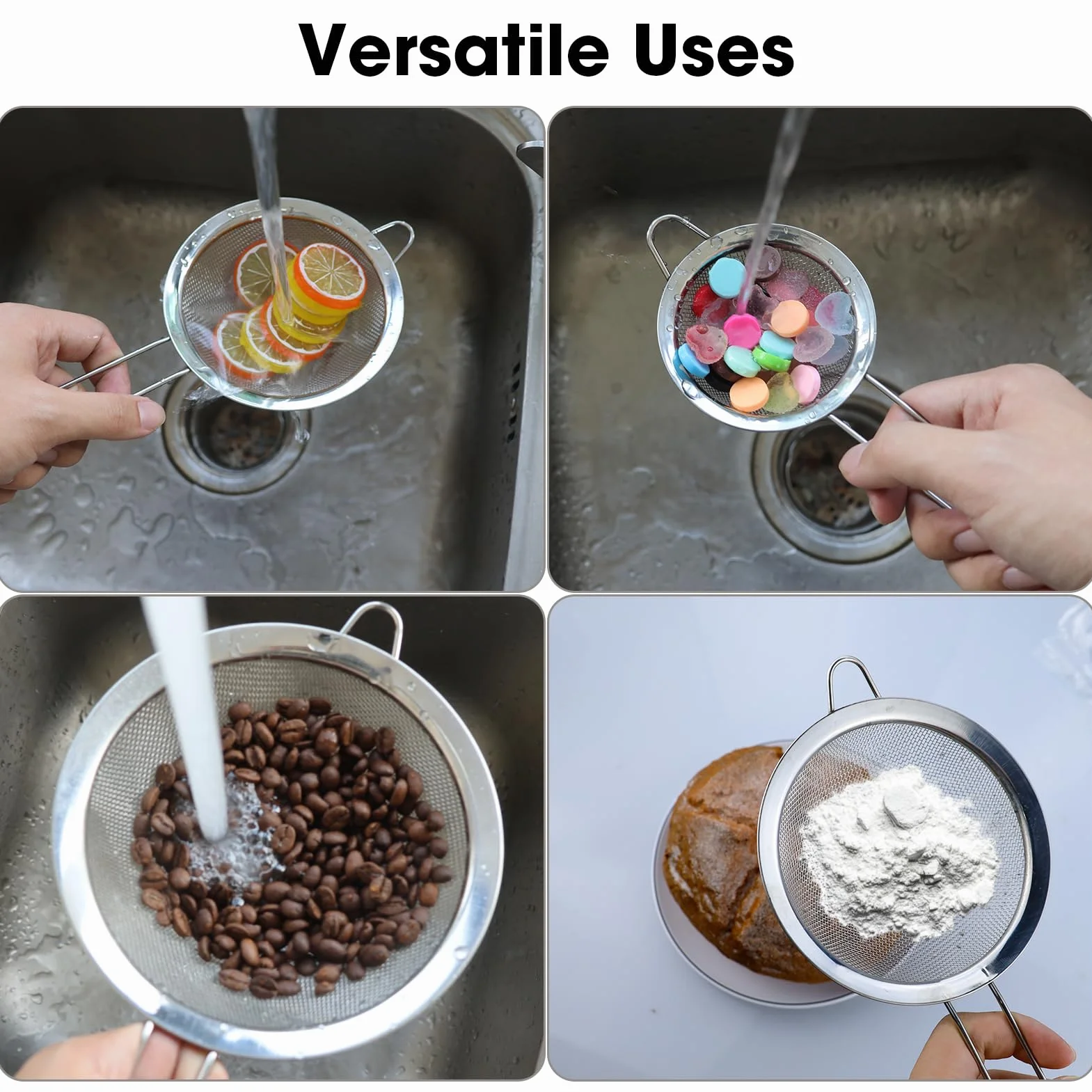 Passoire Inox 3 Pièces Tamis Cuisine Métal Maille Fine 8/12/16 cm Filtre Pâtisserie