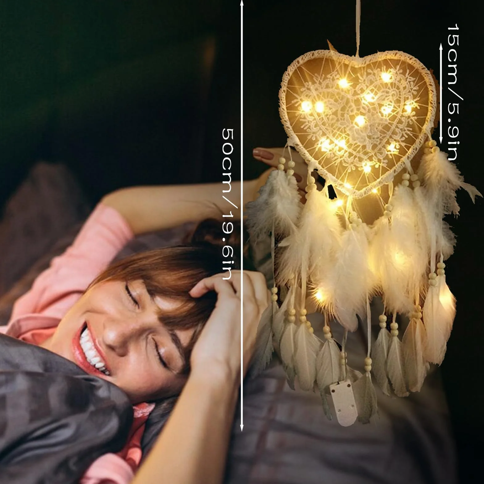 Attrape Rêves Cœur Creusé LED Fait à la Main pour Filles Décoration Chambre Mariage