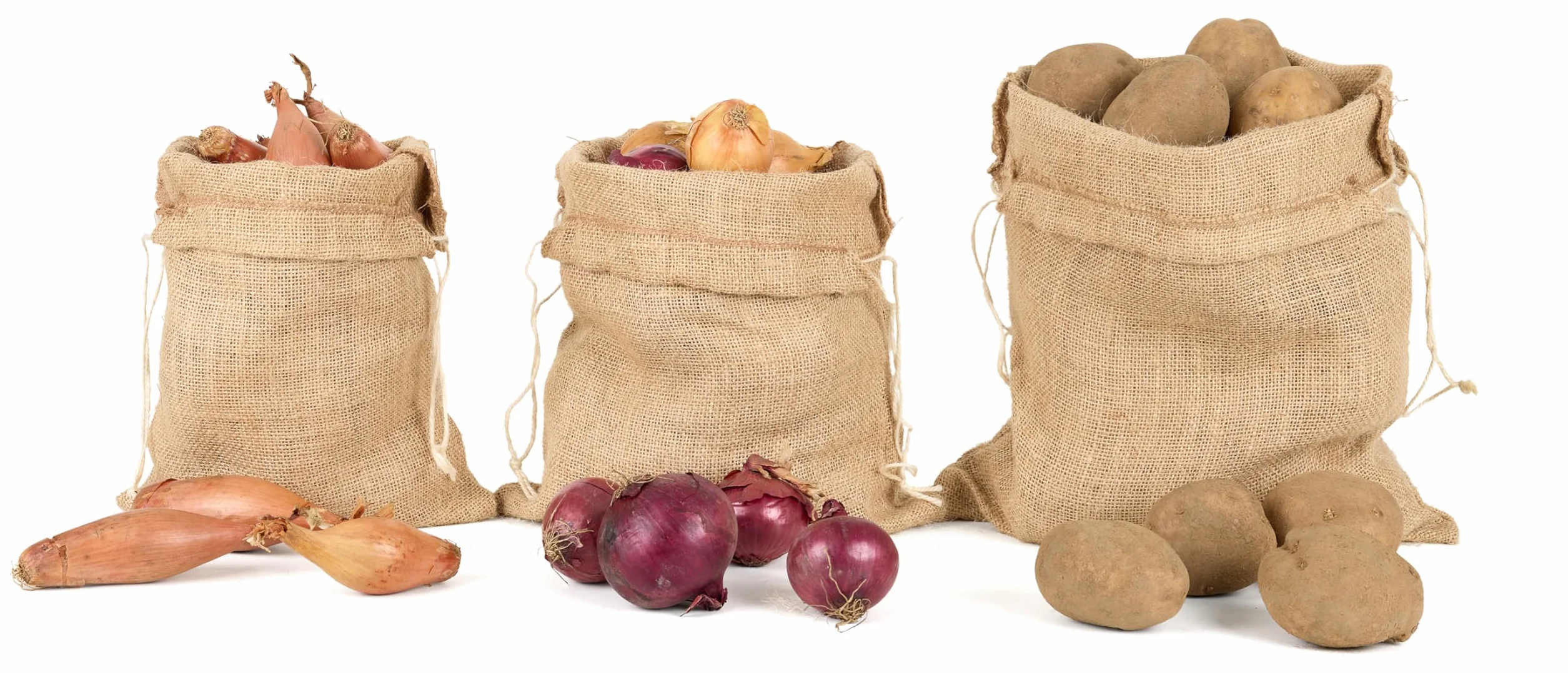 La Cordeline 3 Sacs Toile Jute Naturel Stockage Légumes Pomme de Terre Oignons Cordon Serrage 3 Tailles S M L