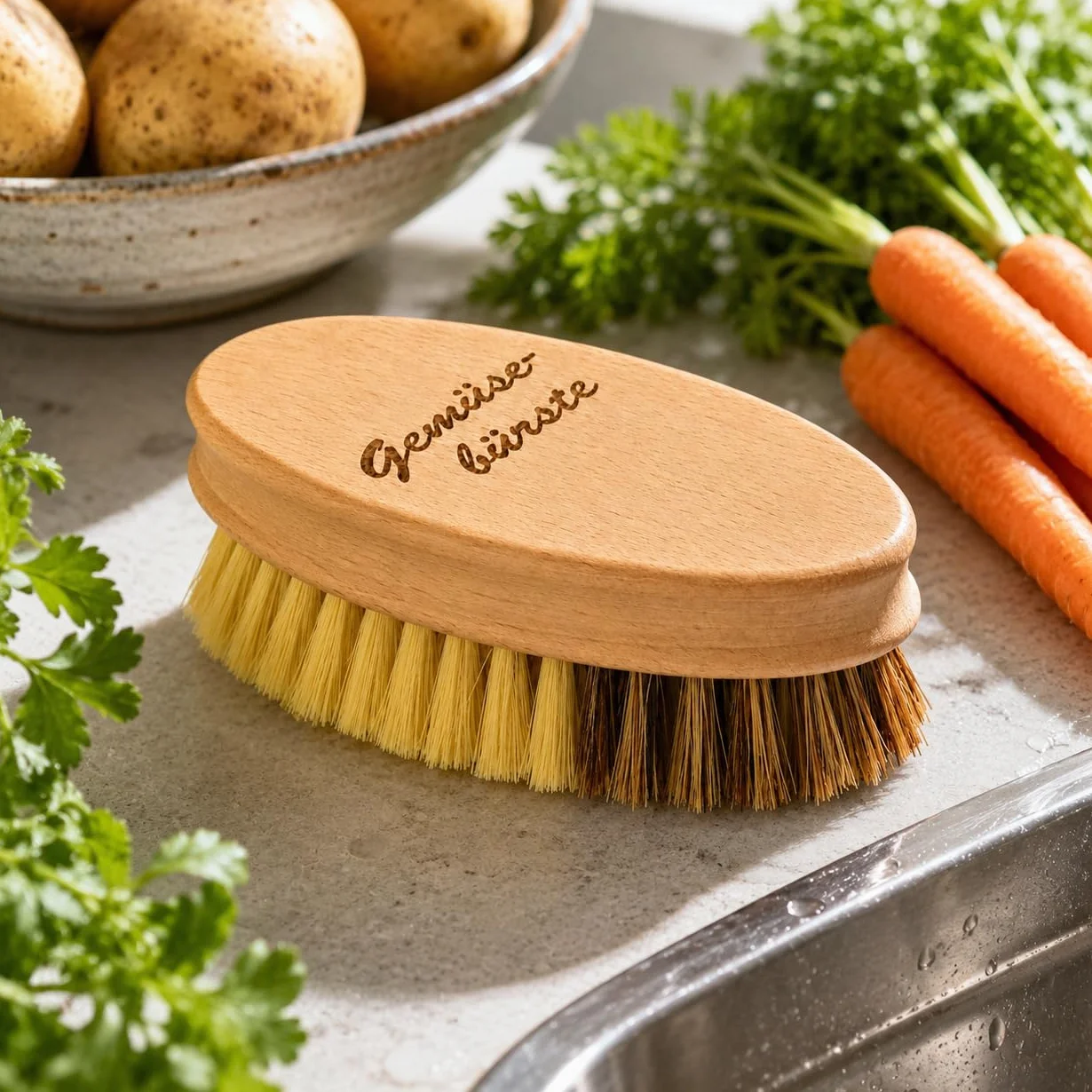 Teemando Brosse à légumes en bois de hêtre avec poils naturels 2 degrés de dureté