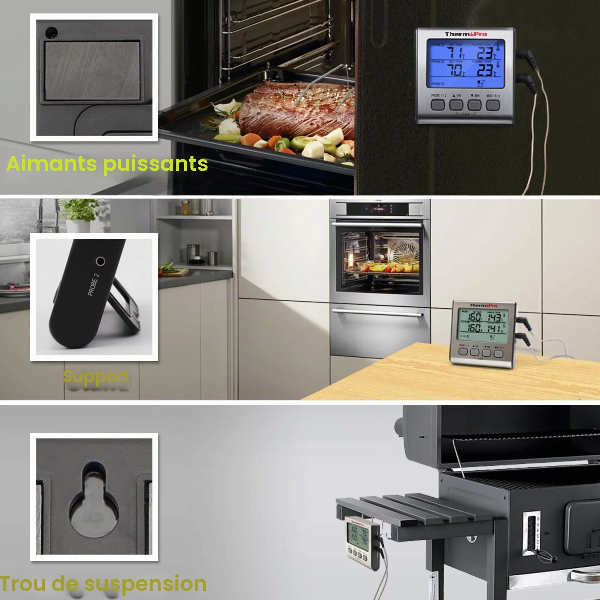 ThermoPro TP17 Thermomètre pour Viande Numérique Double Sonde Grand Écran LCD Rétroéclairé Cuisson Barbecue