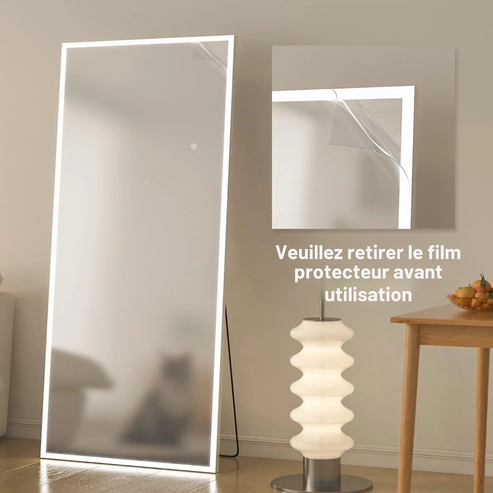 Calissando Miroir sur Pied Pleine Longueur avec Lumière LED 165 x 61 cm Blanc